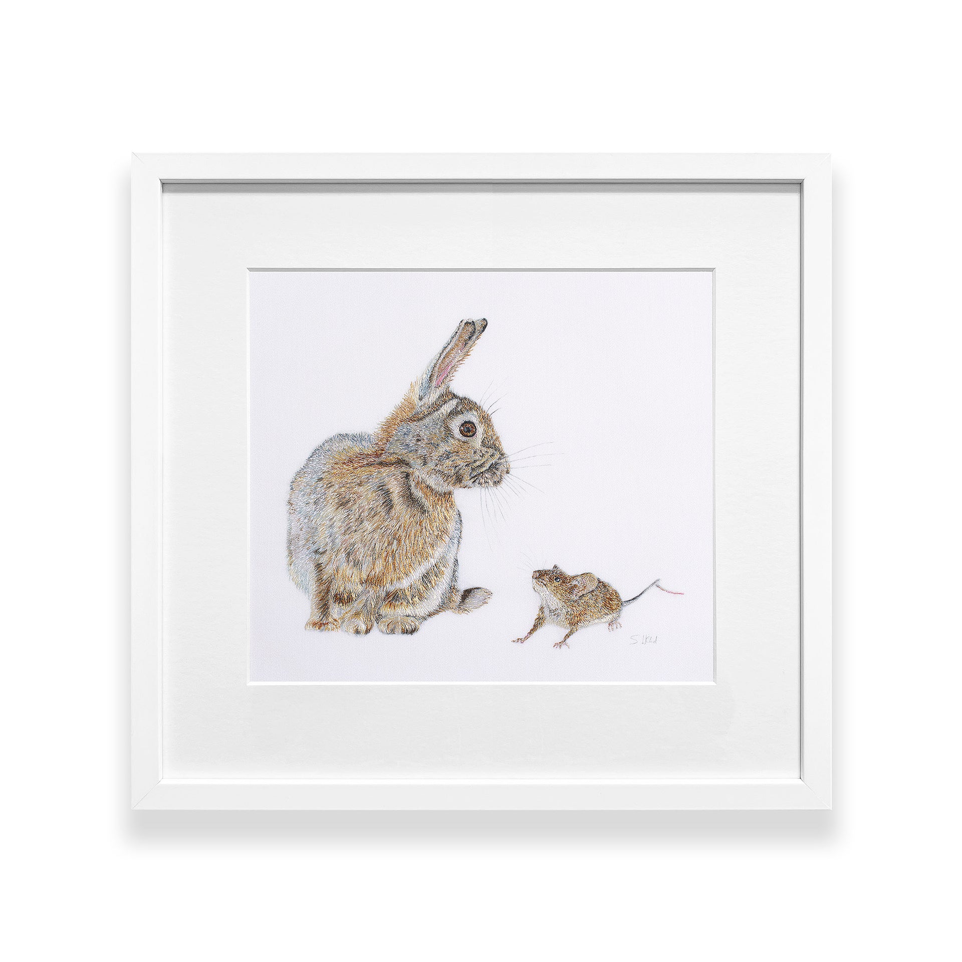 Rabbit & Mouse hand embroidered artwork in a white frame
