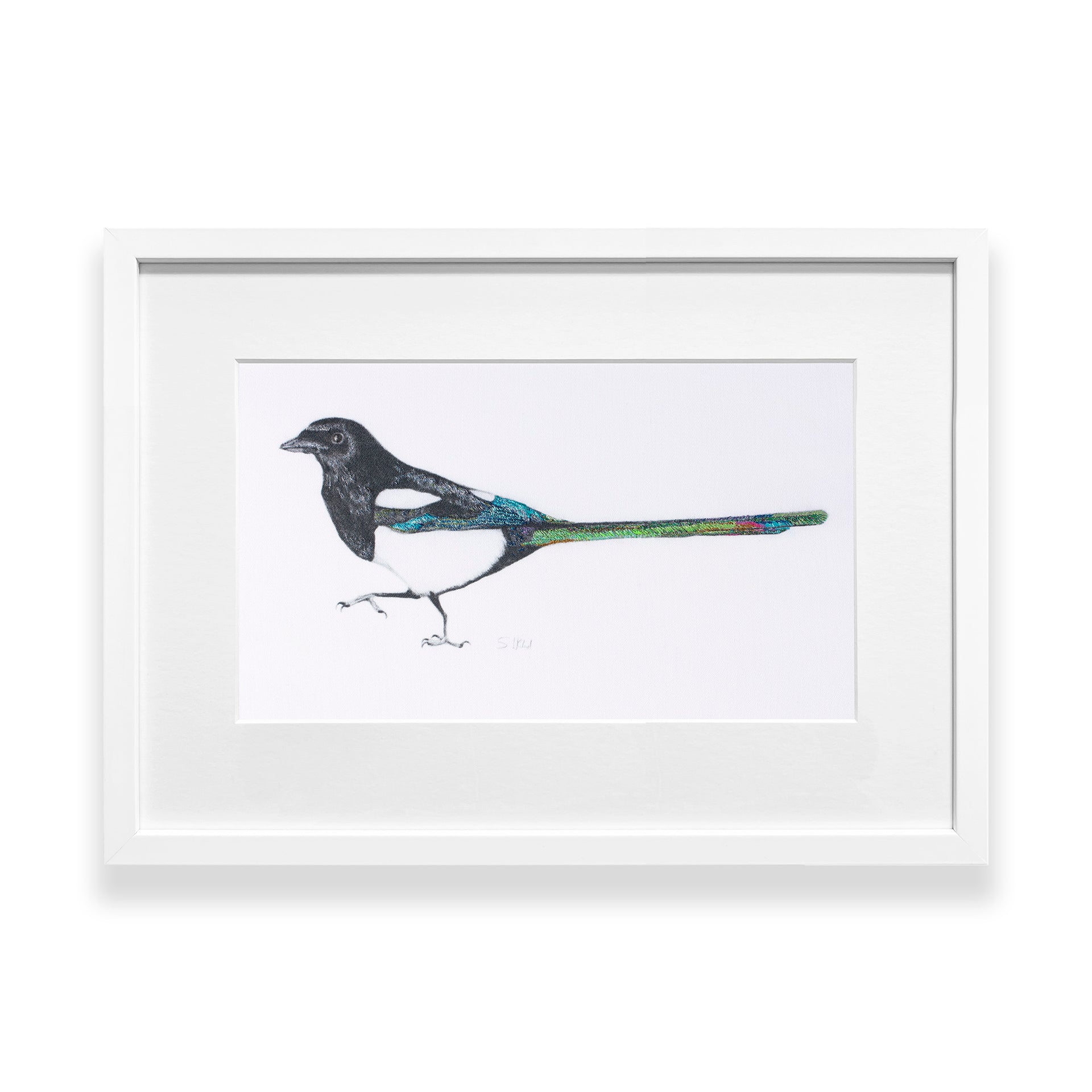 Hand embroidered Magpie original artwork in white frame