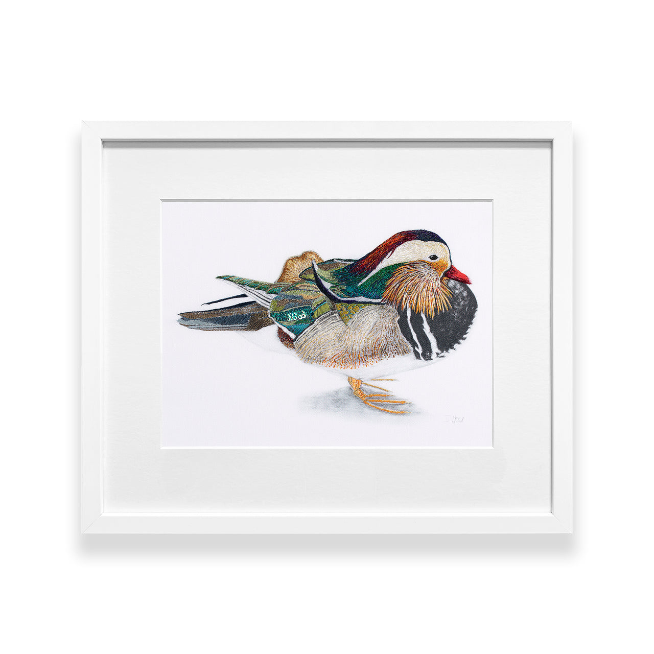 Mandarin duck original hand embroidered artwork framed