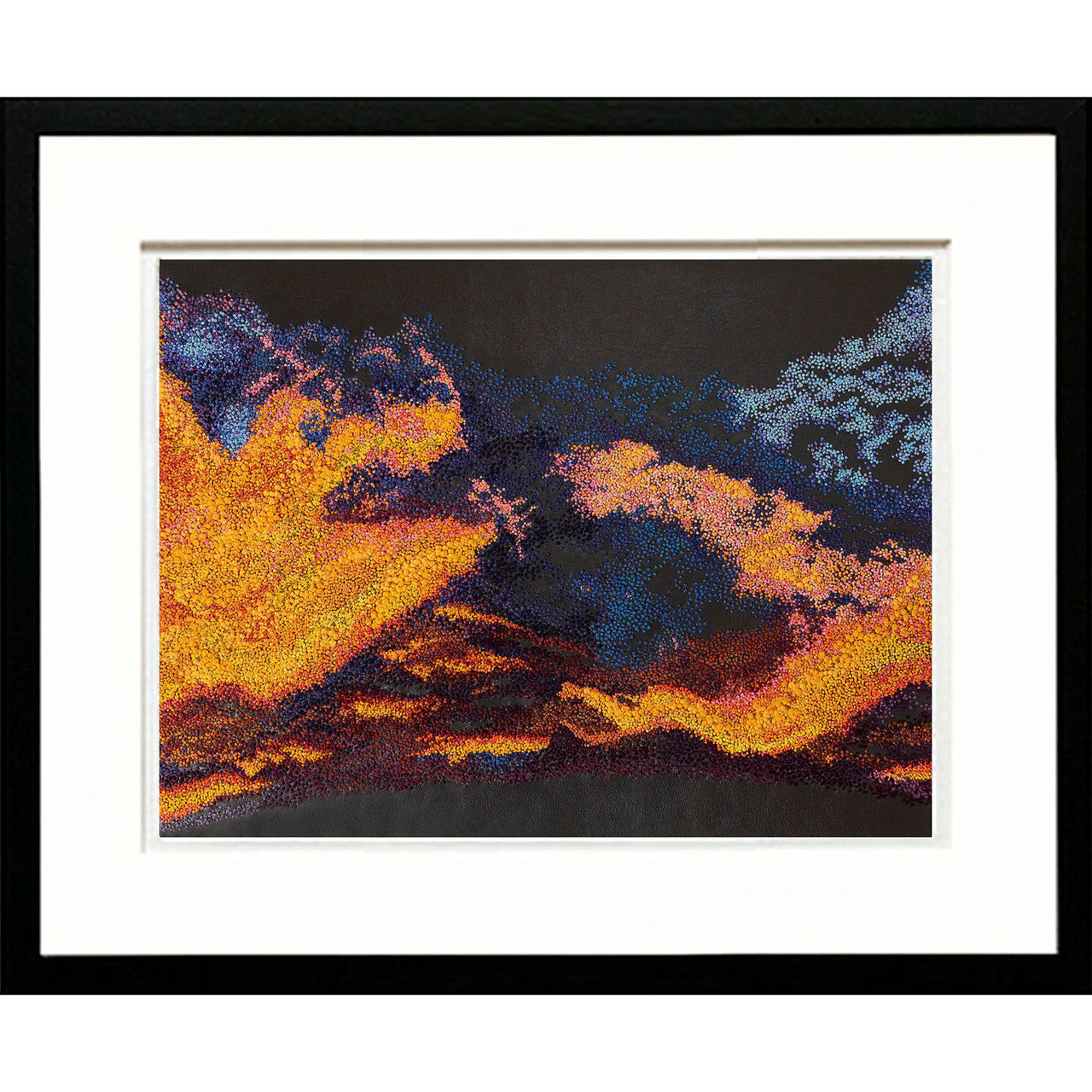 December Sky hand embroidered leather wall art framed.