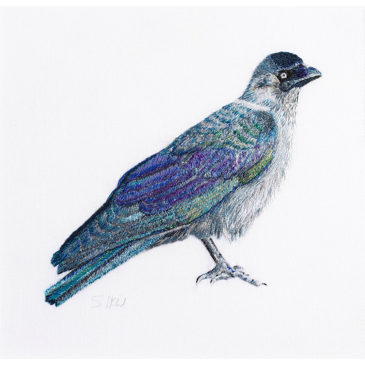 Jackdaw hand embroidered artwork