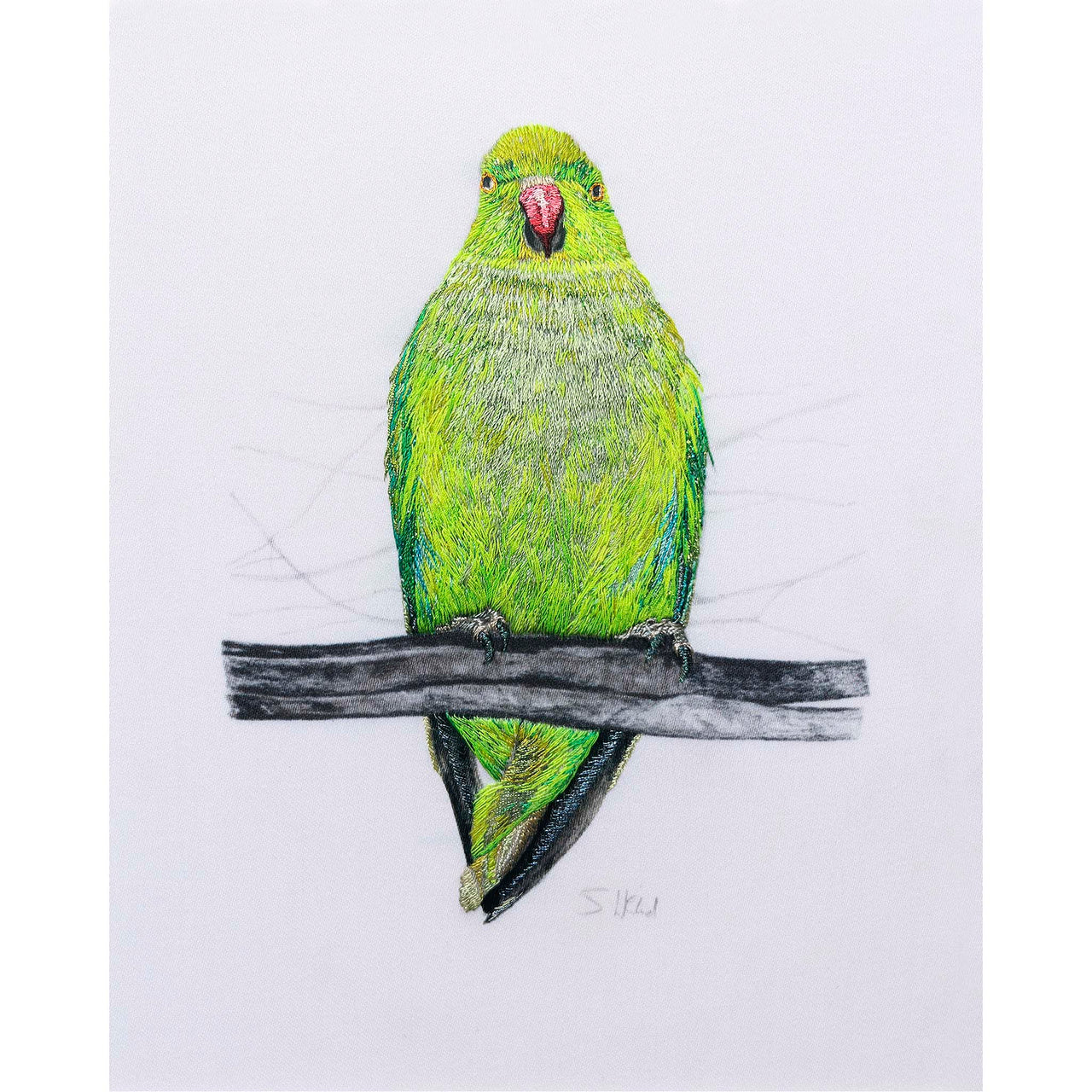 Pencil drawn and hand embroidered Parakeet artwork