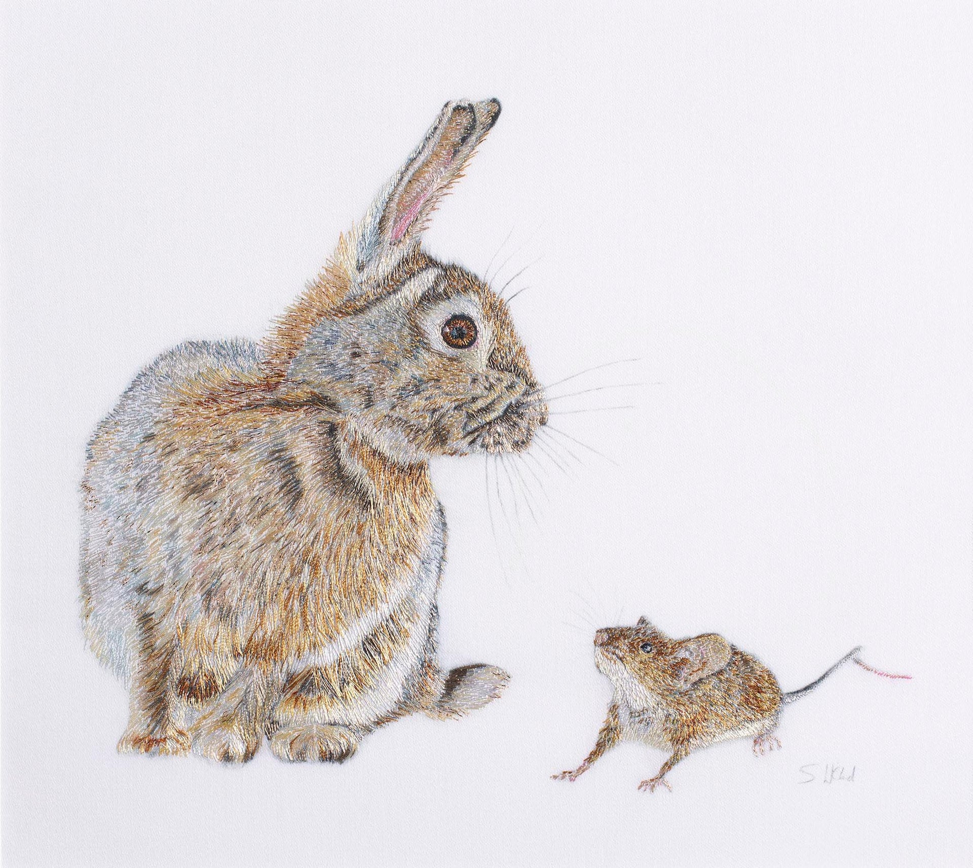 Rabbit and mouse hand embroidered artwork