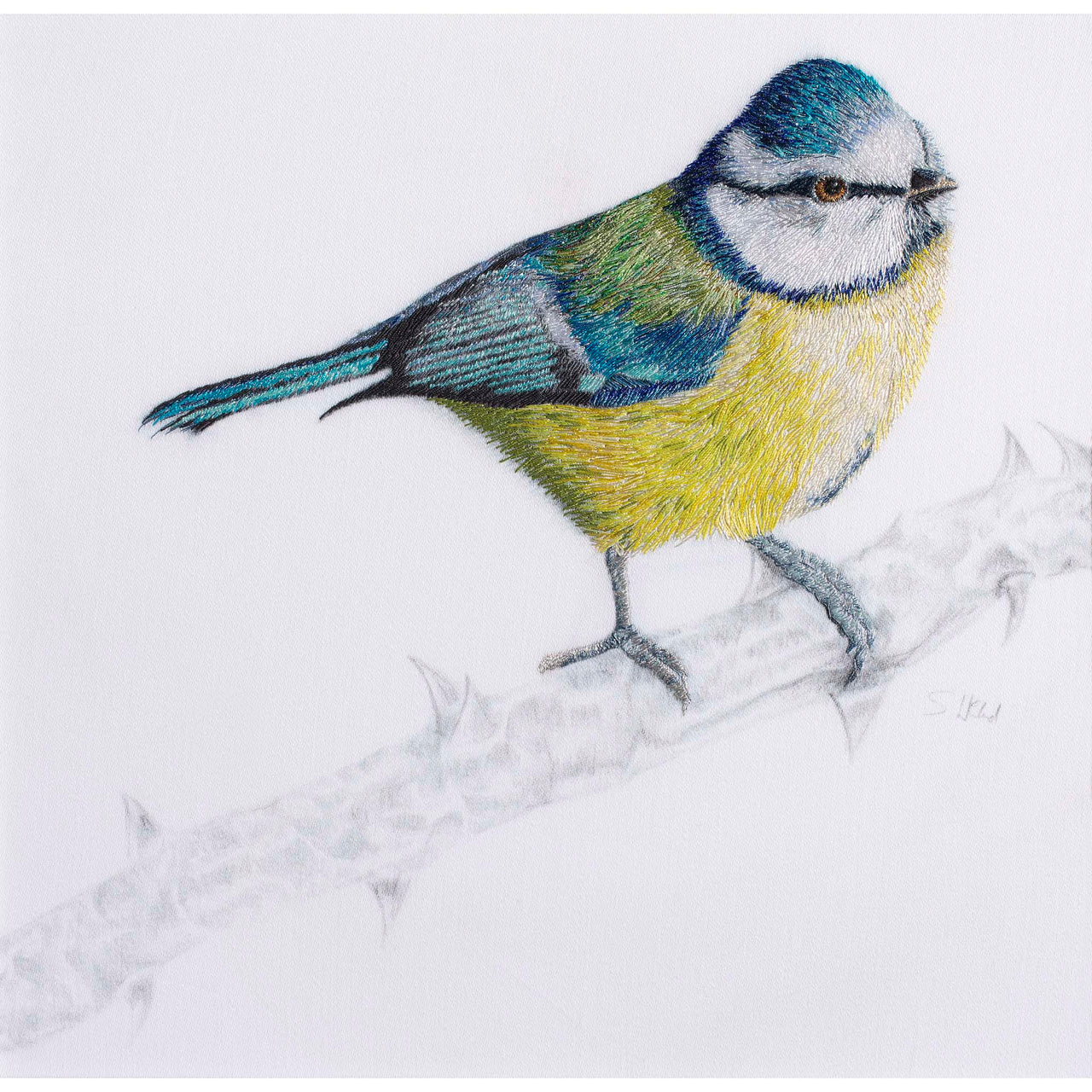 Blue tit hand embroidered artwork
