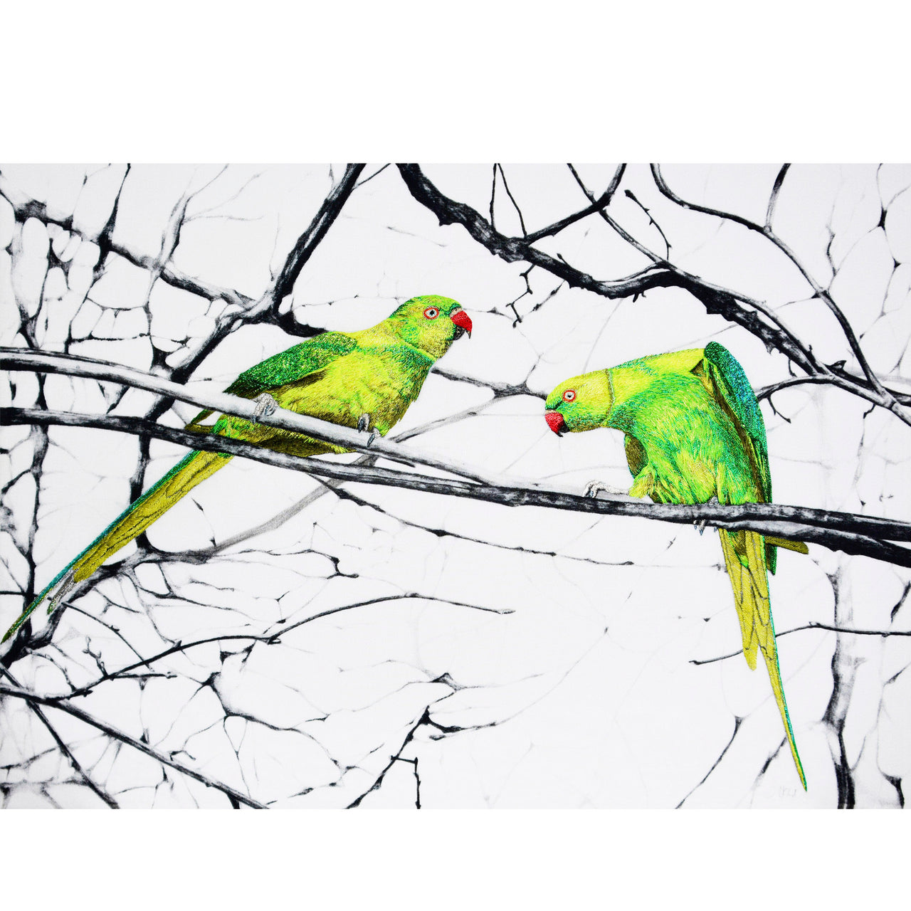 Hyde park parakeets hand embroidered artwork