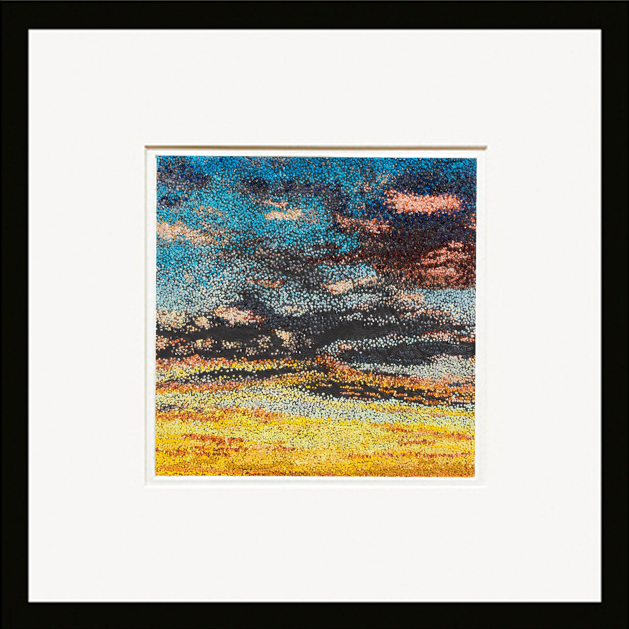 July Sky hand embroidered leather wall art framed.