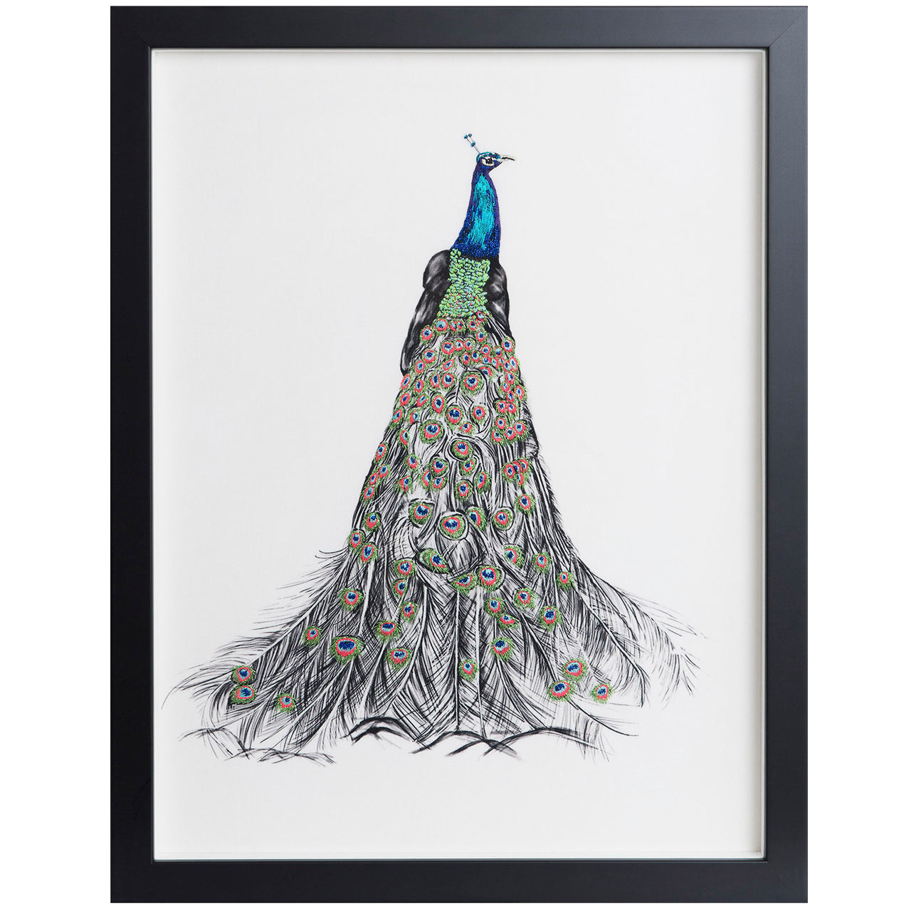 Peacock hand embroidered artwork framed.