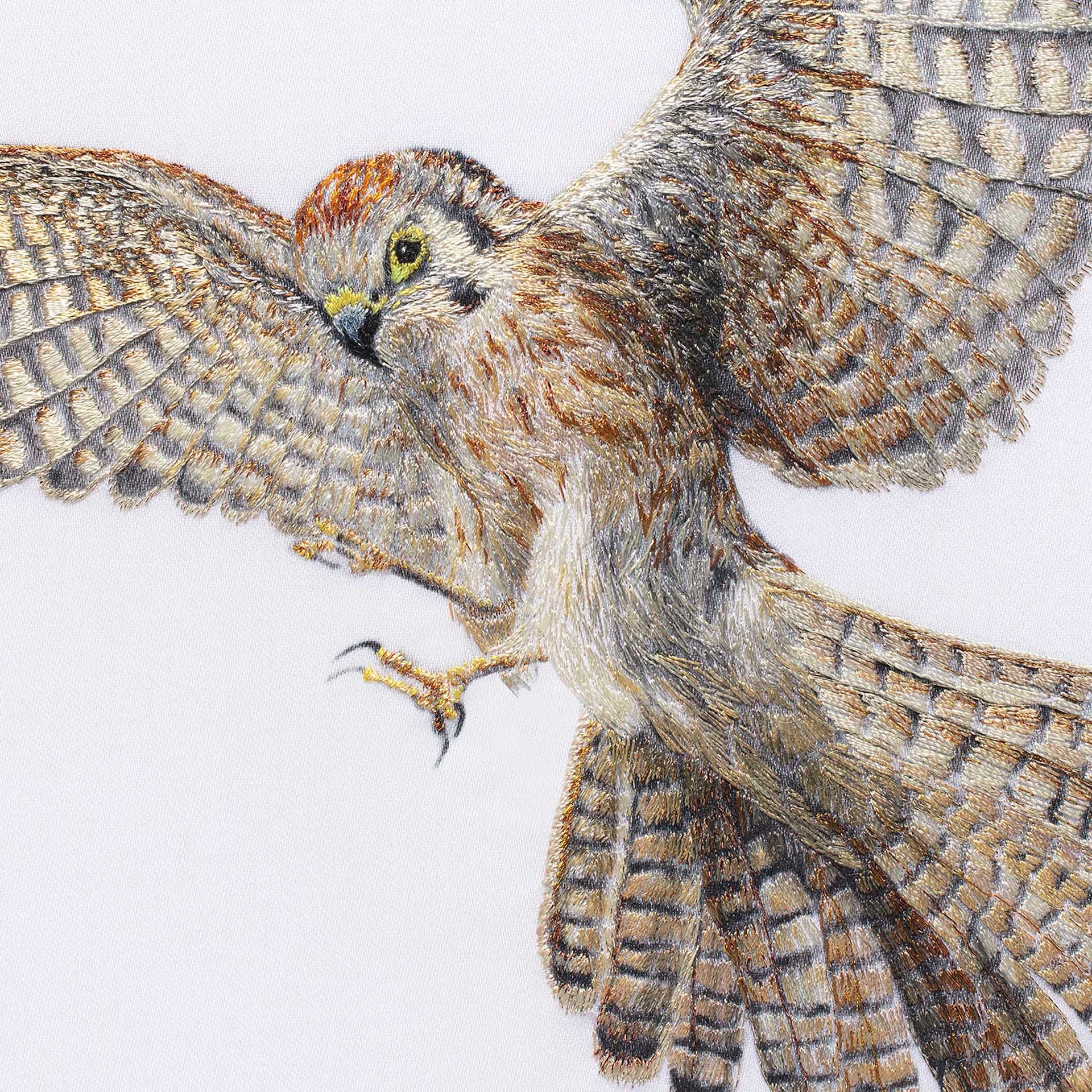 Hand embroidered original Kestrel artwork close up