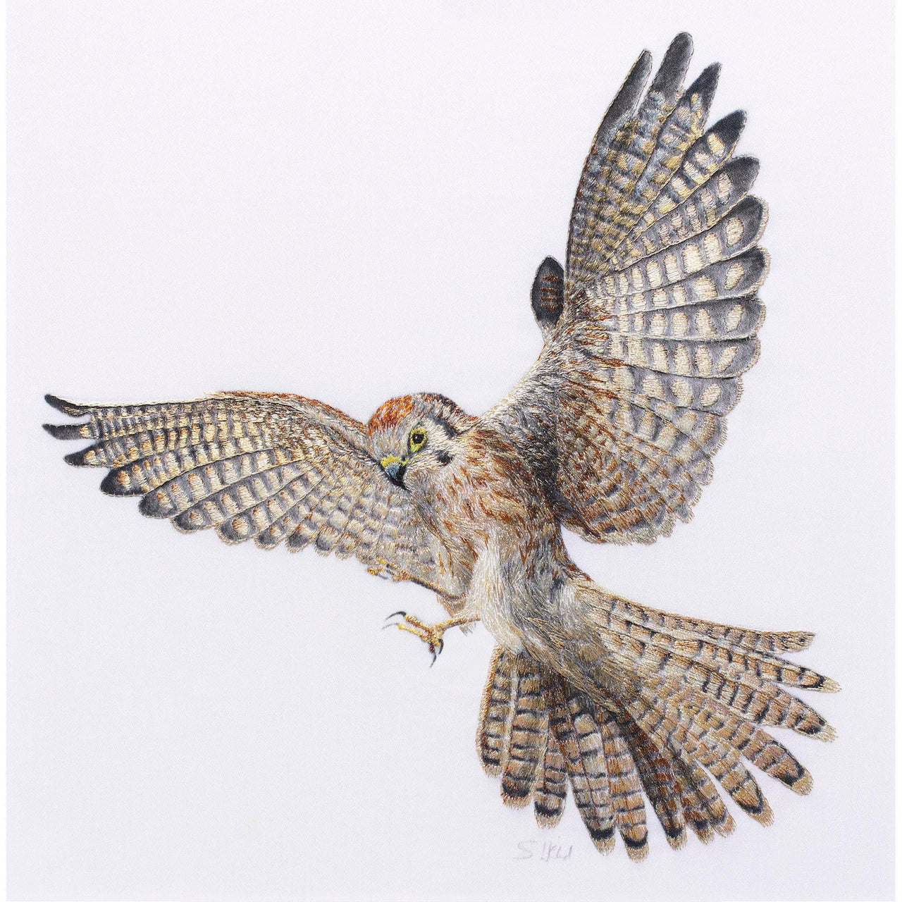 Kestrel hand embroidered artwork 