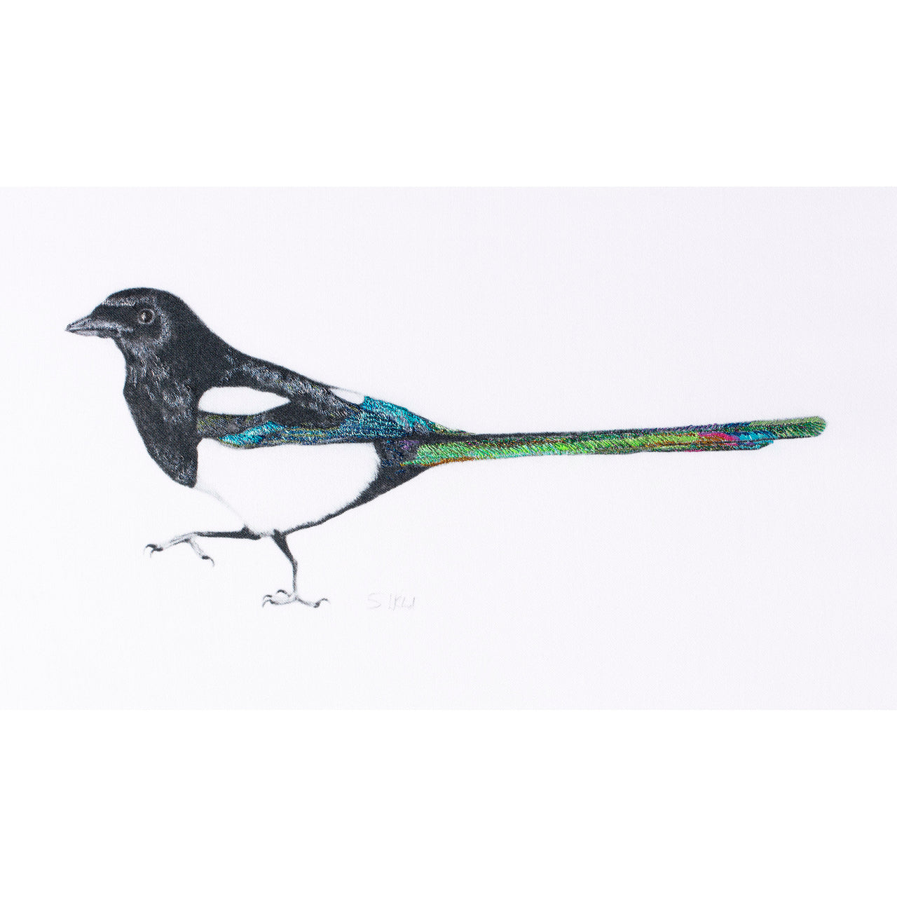 Magpie hand embroidered artwork