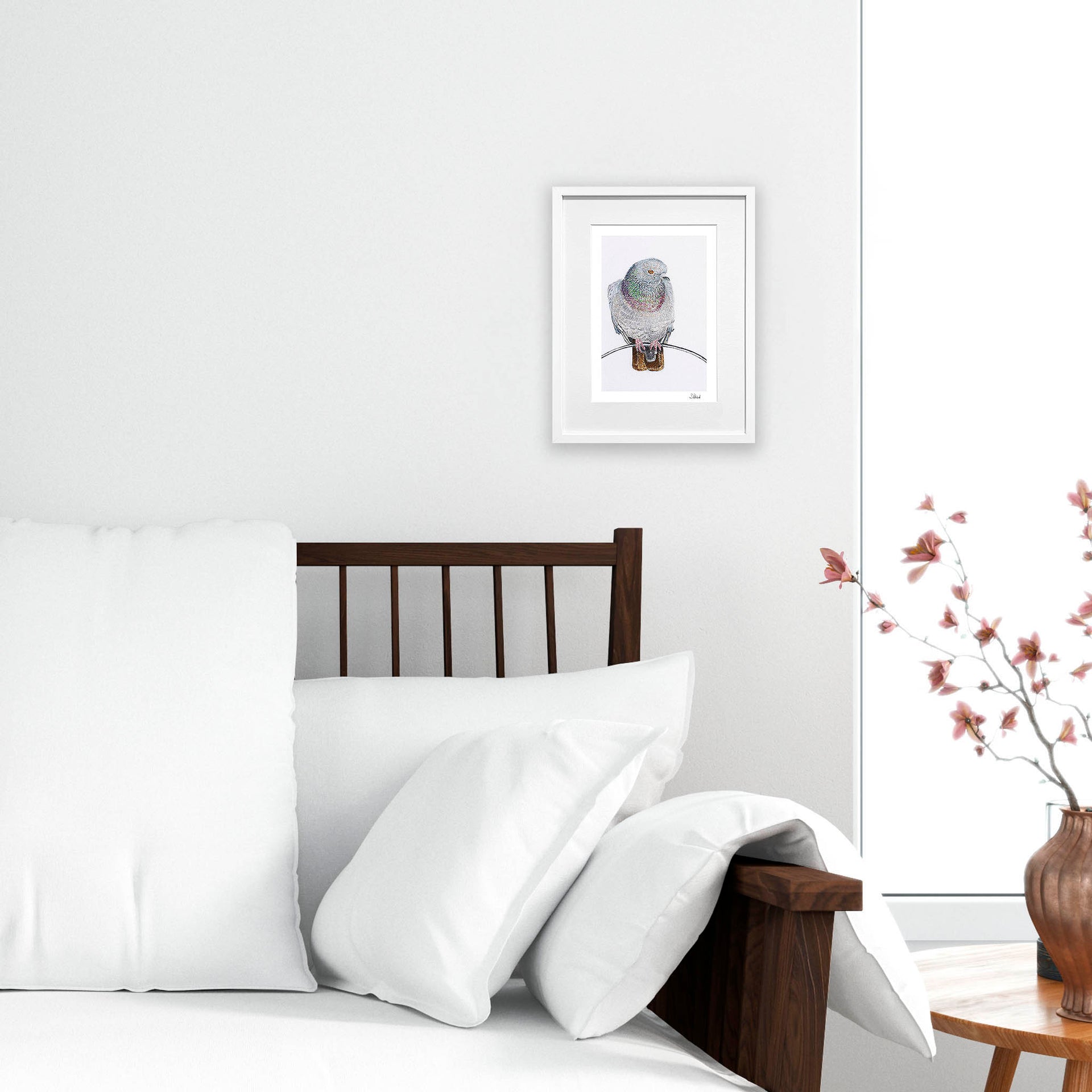 Pigeon embroidery print on bedroom wall