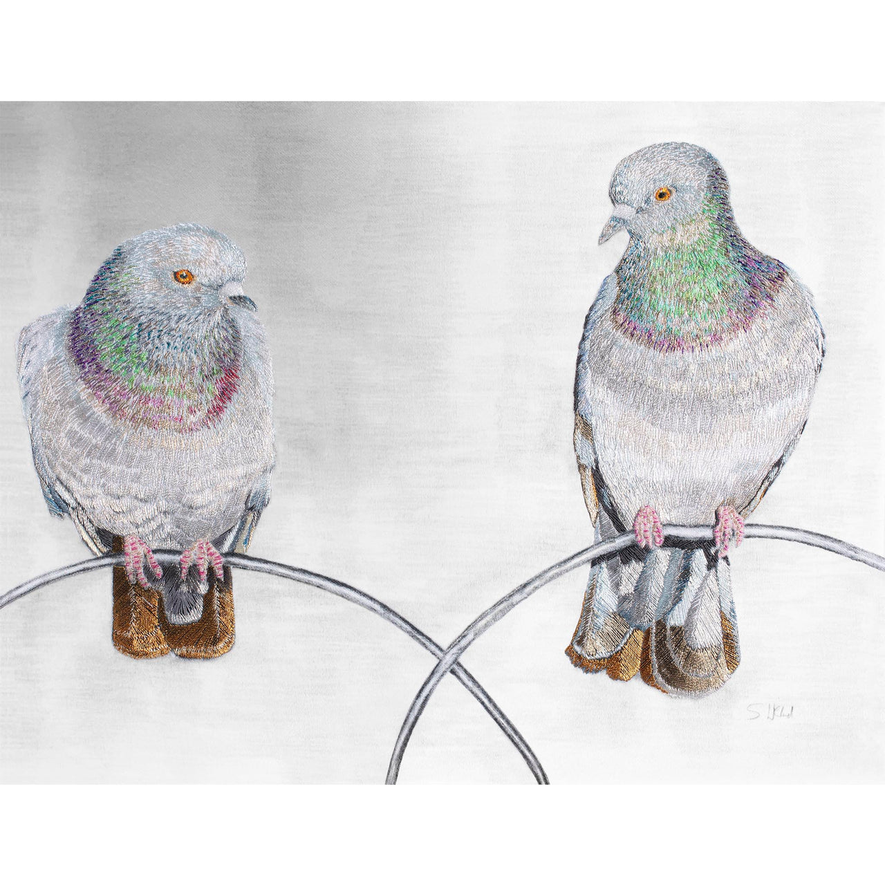Pigeons hand embroidered artwork