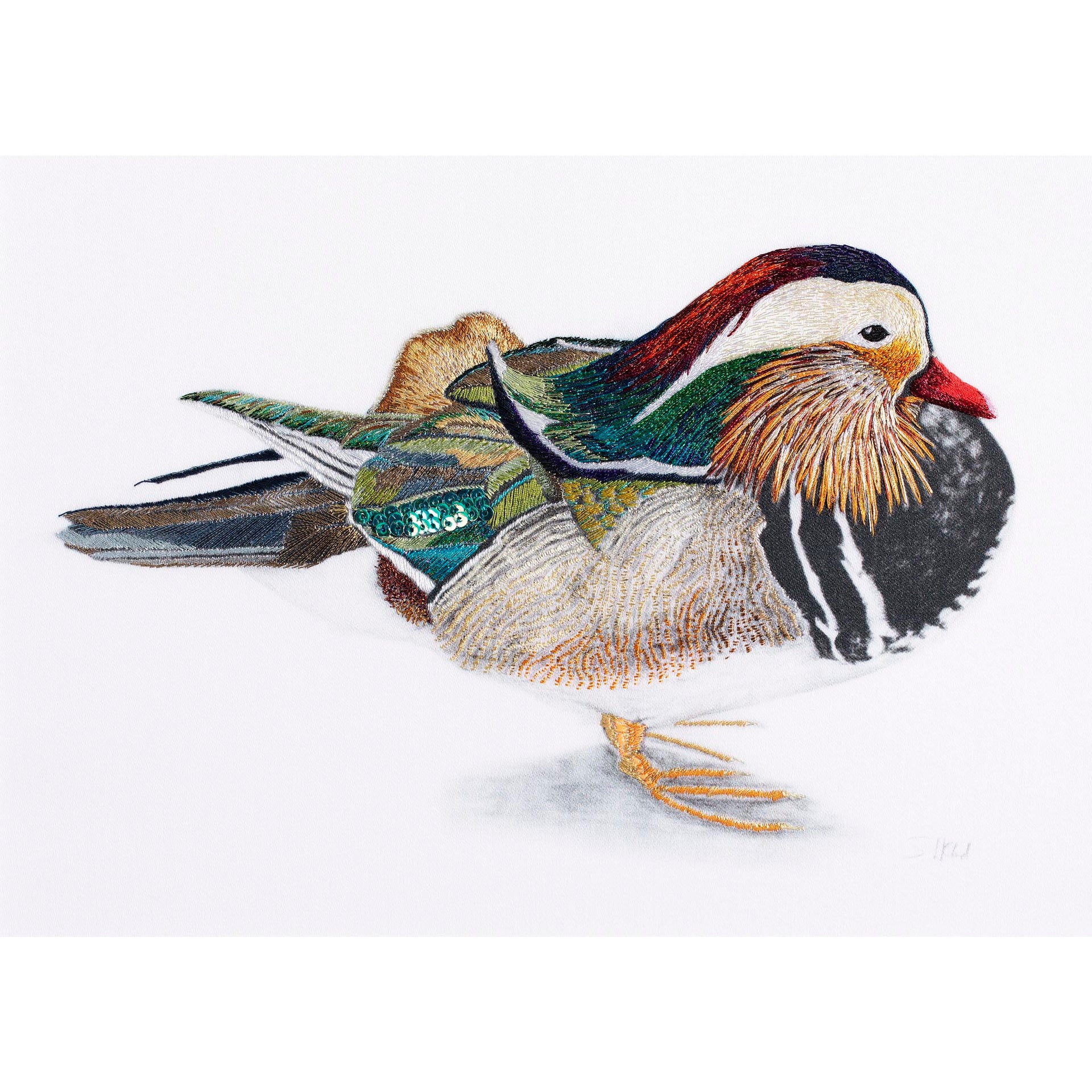 Mandarin duck original hand embroidered artwork