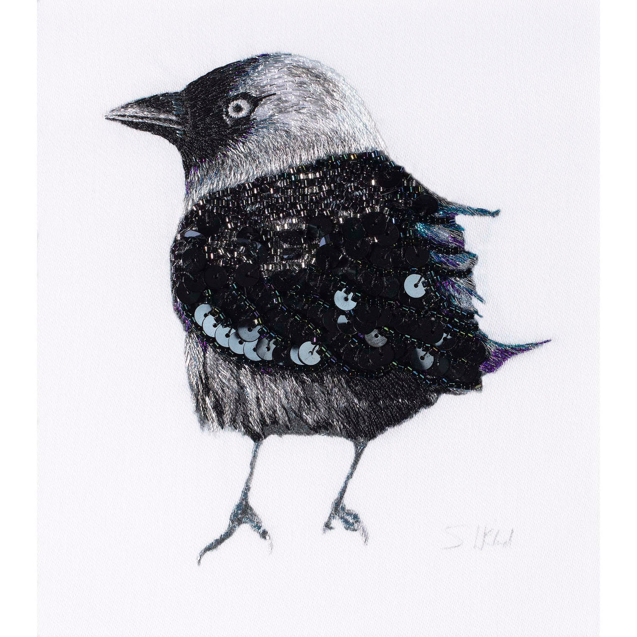 Quirky bird hand embroidered, beaded & sequinned artwork