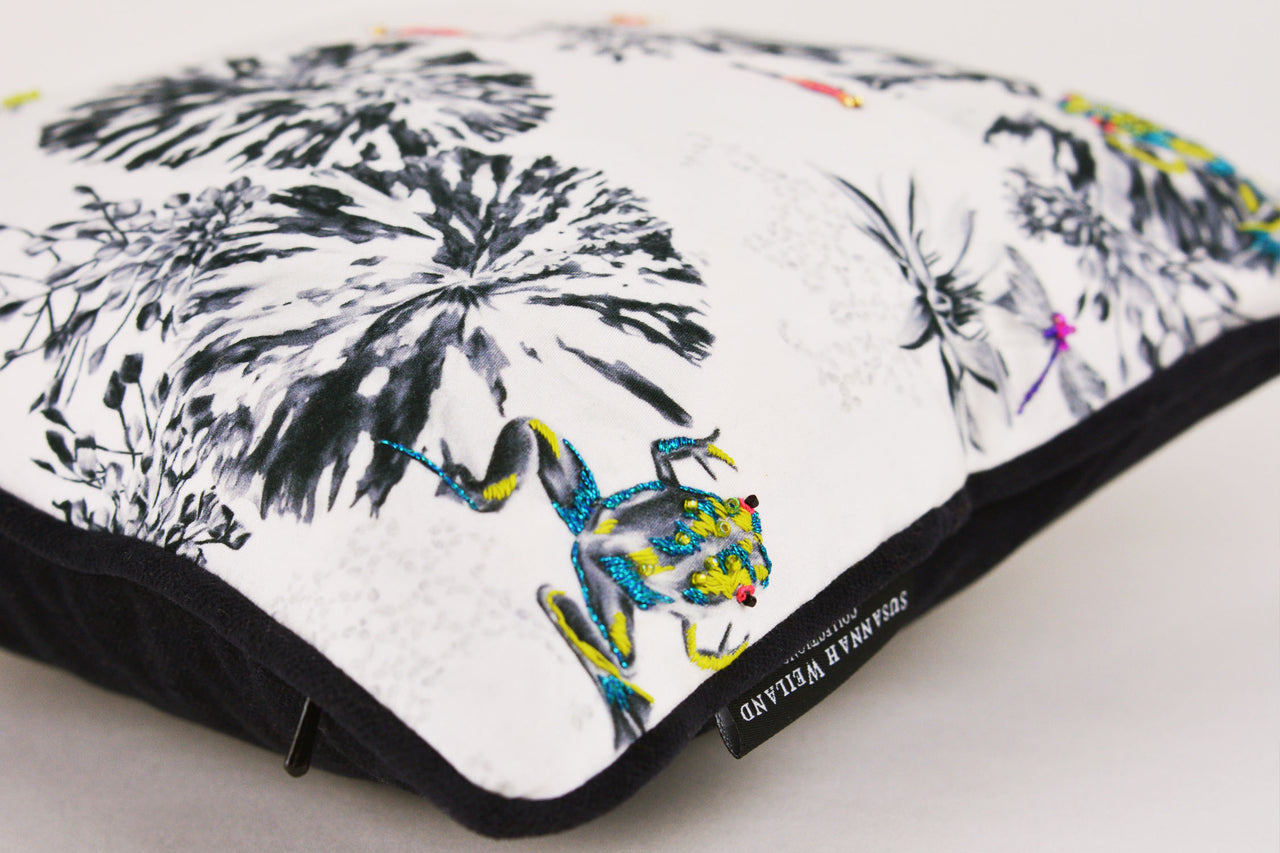 Botanical hand embroidered cushion