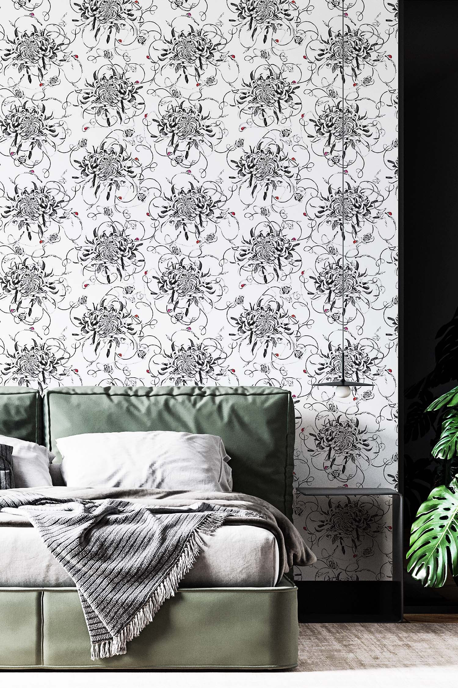 Botanical floral wallpaper on bedroom wall.