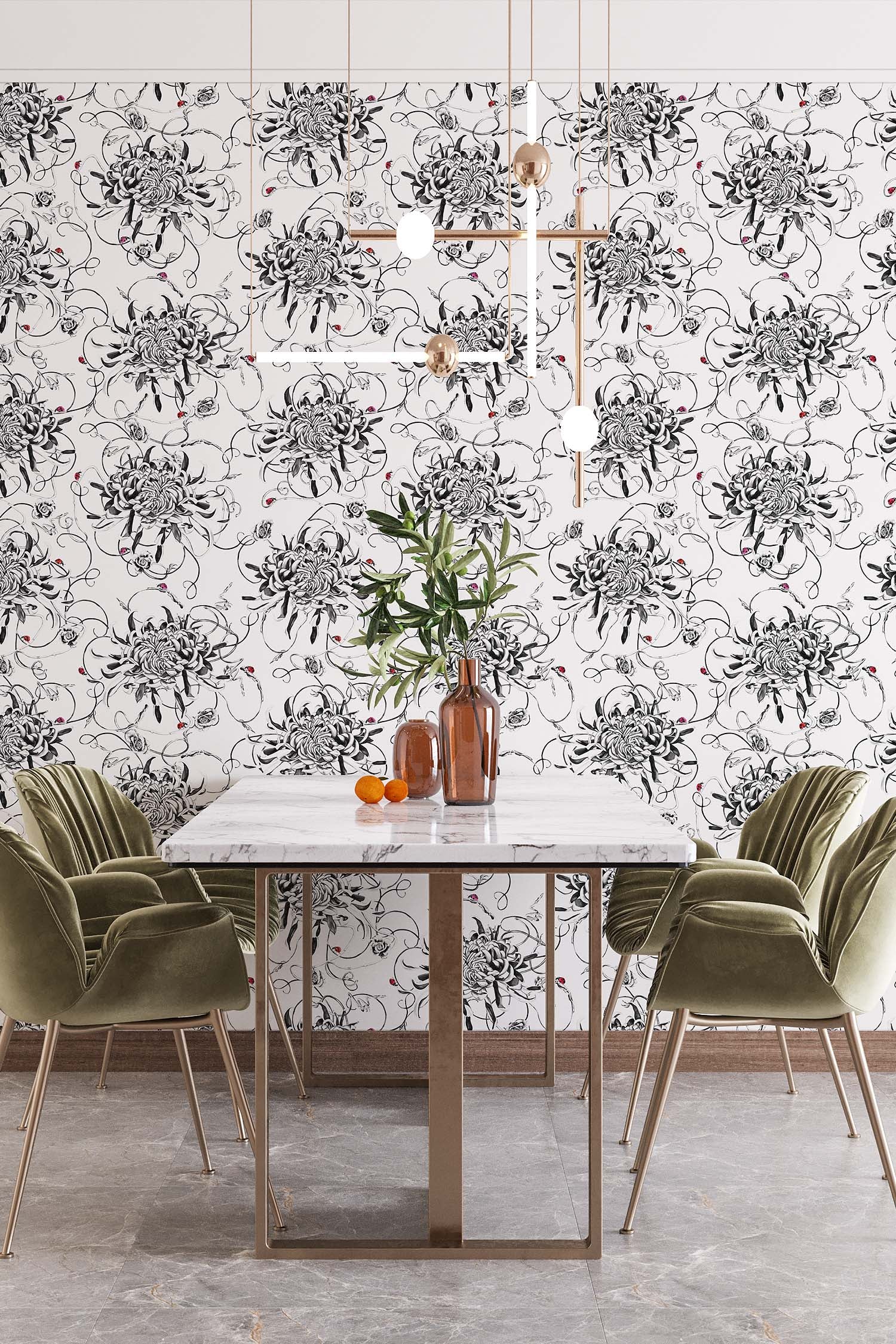 Monochrome floral wallpaper on kitchen wall.