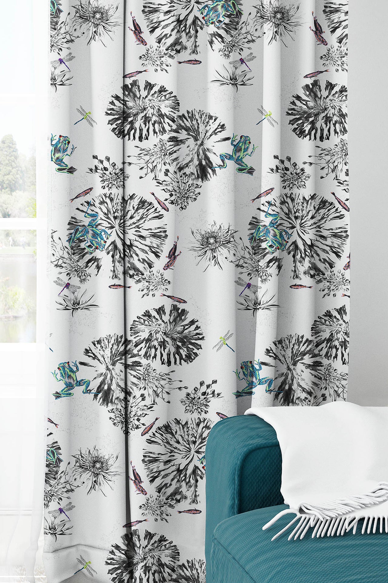 Botanical fabric with green frogs, dragon flies and fish hanging curtains.