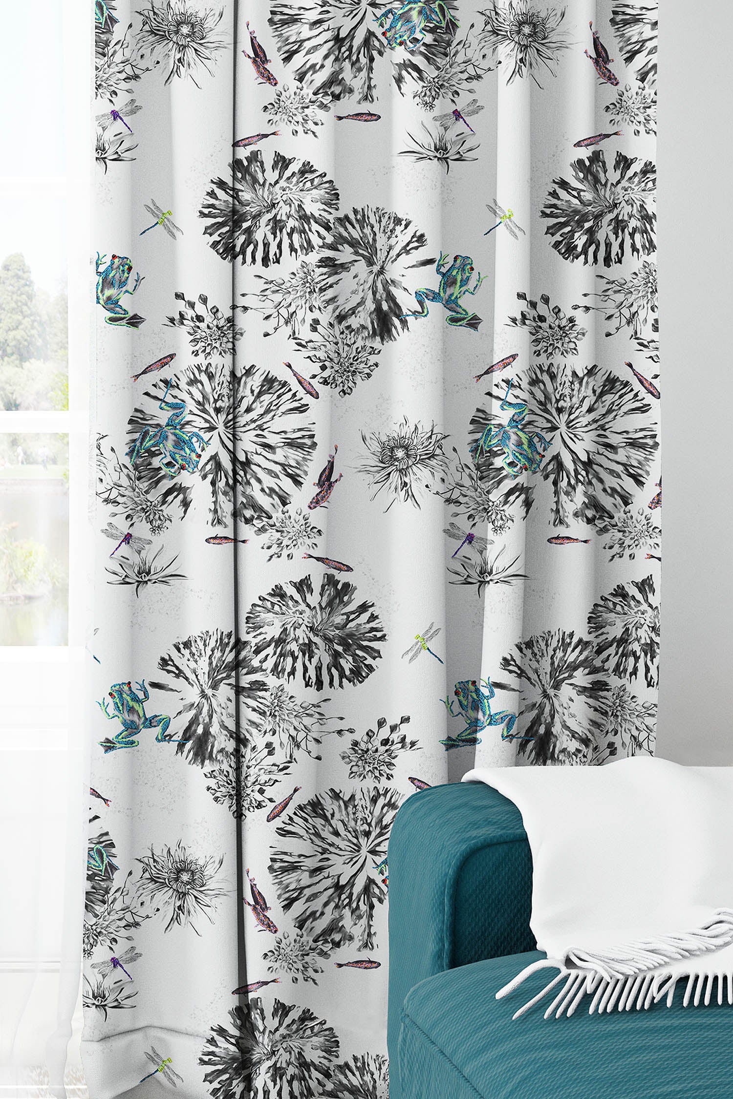 Botanical fabric with green frogs, dragon flies and fish hanging curtains.
