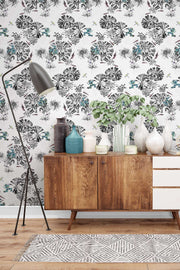 Green frogs wallpaper on the wall in a hallway.