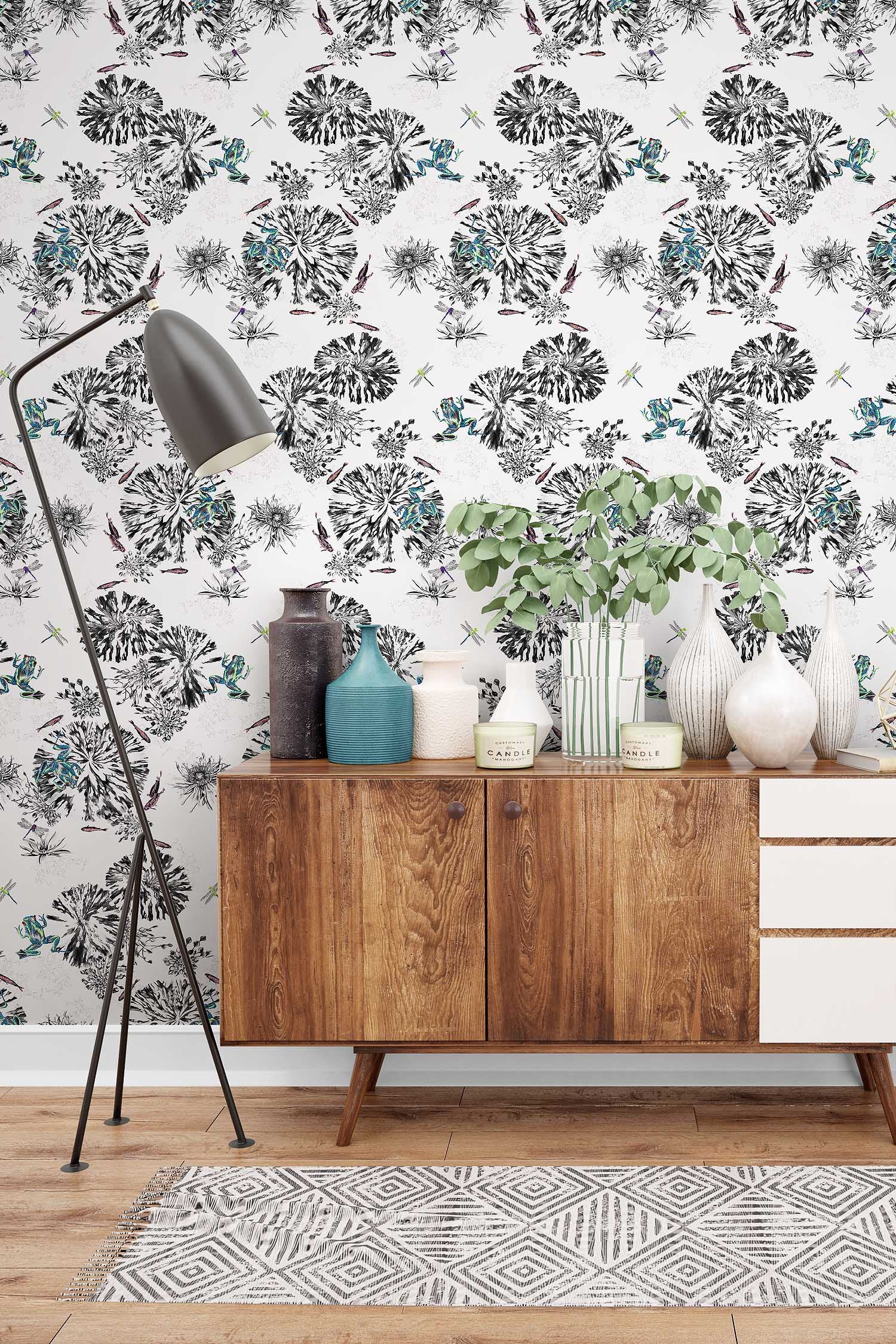 Green frogs wallpaper on the wall in a hallway.