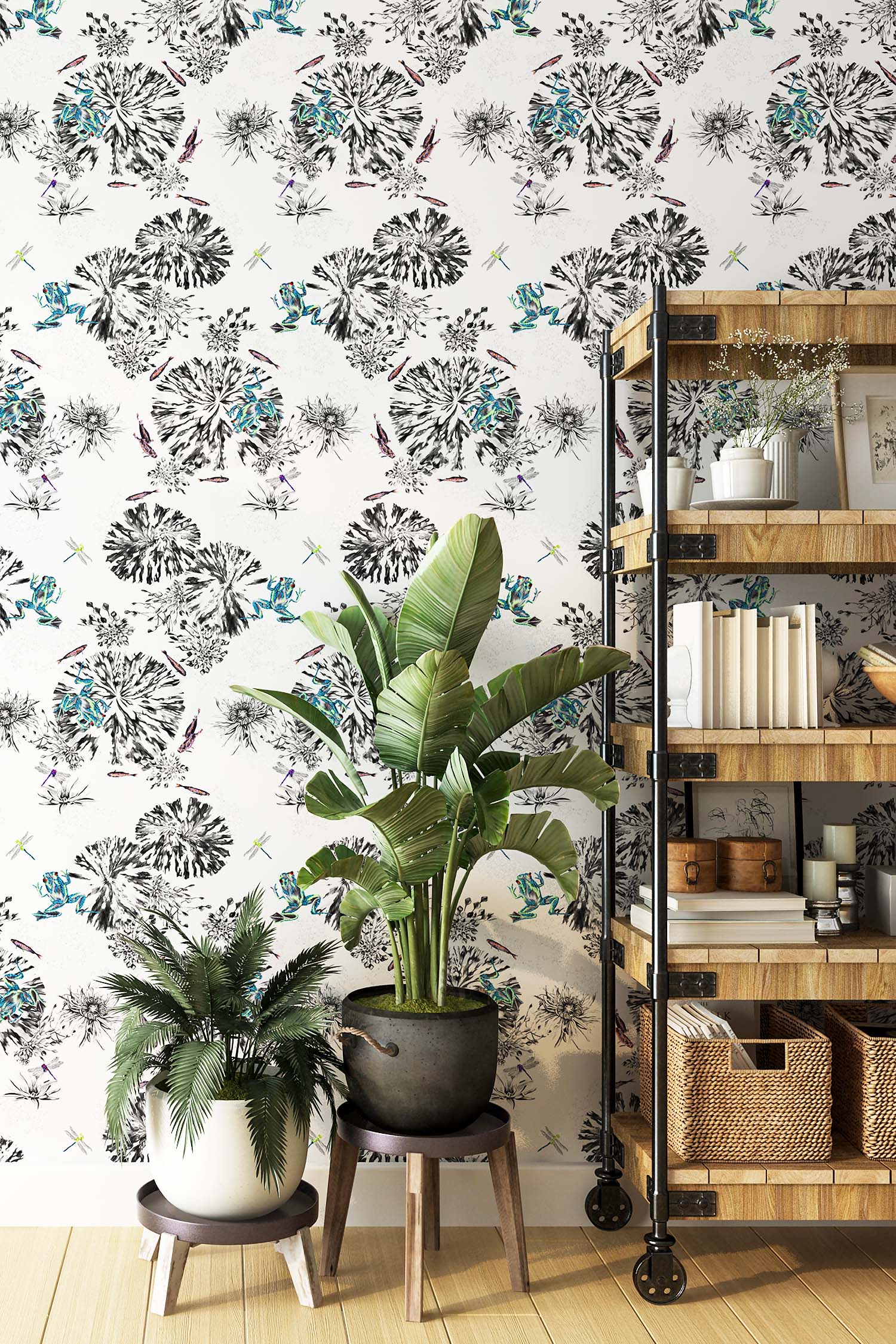 Green frogs wallpaper on the wall in a study.