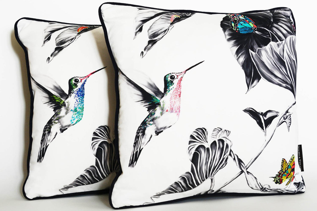 Luxury hand embroidered and beaded Hummingbird cushions which are one of a kind.