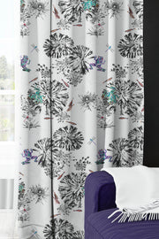 Botanical fabric with green and purple frogs, dragon flies and fish, hanging curtains.