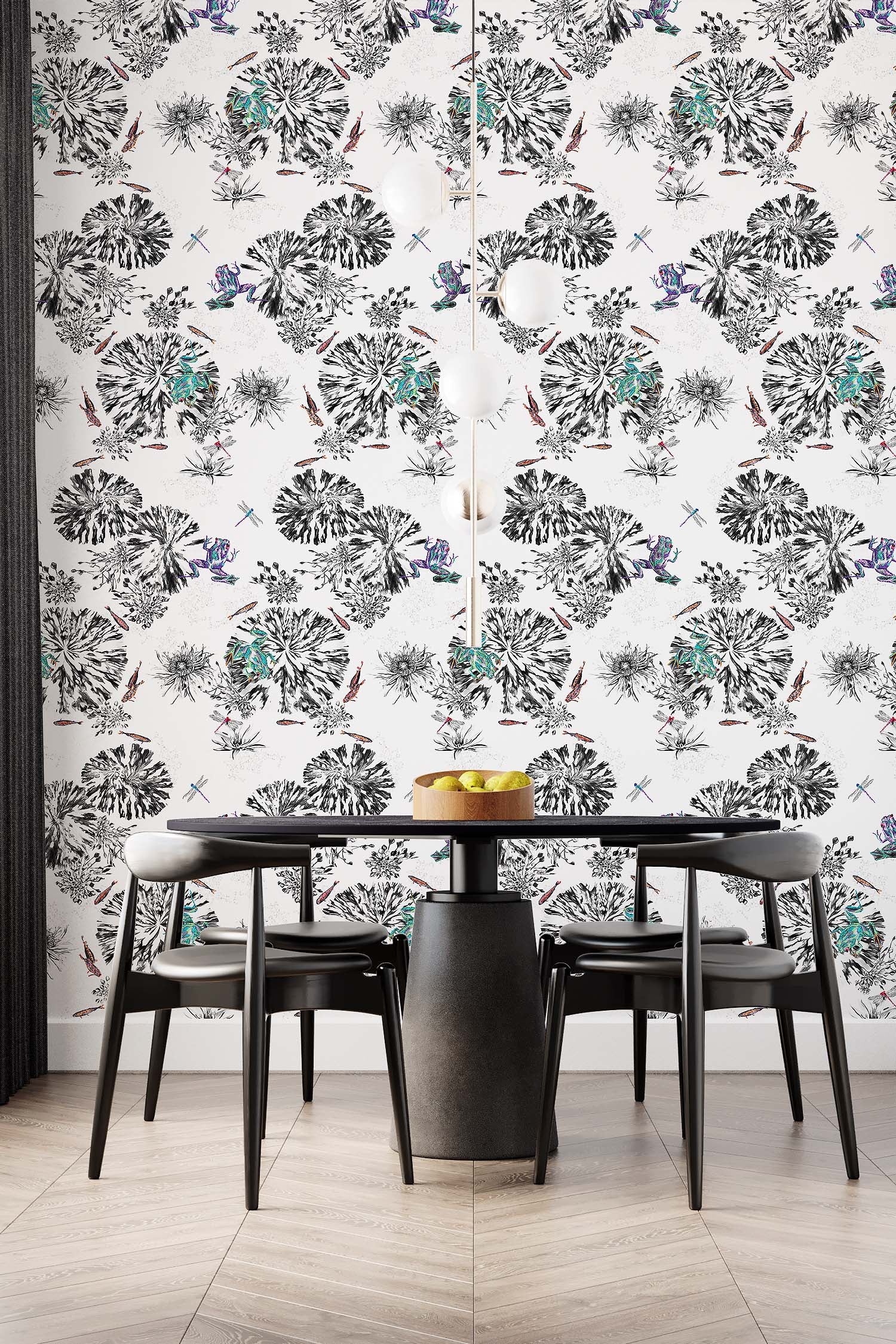 Frogs wallpaper on dining room wall.