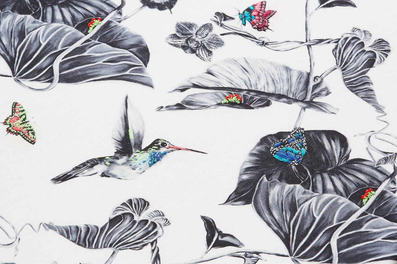 Multi Hummingbird’s mixed media artwork combining pencil drawing, hand embroidery and beading.