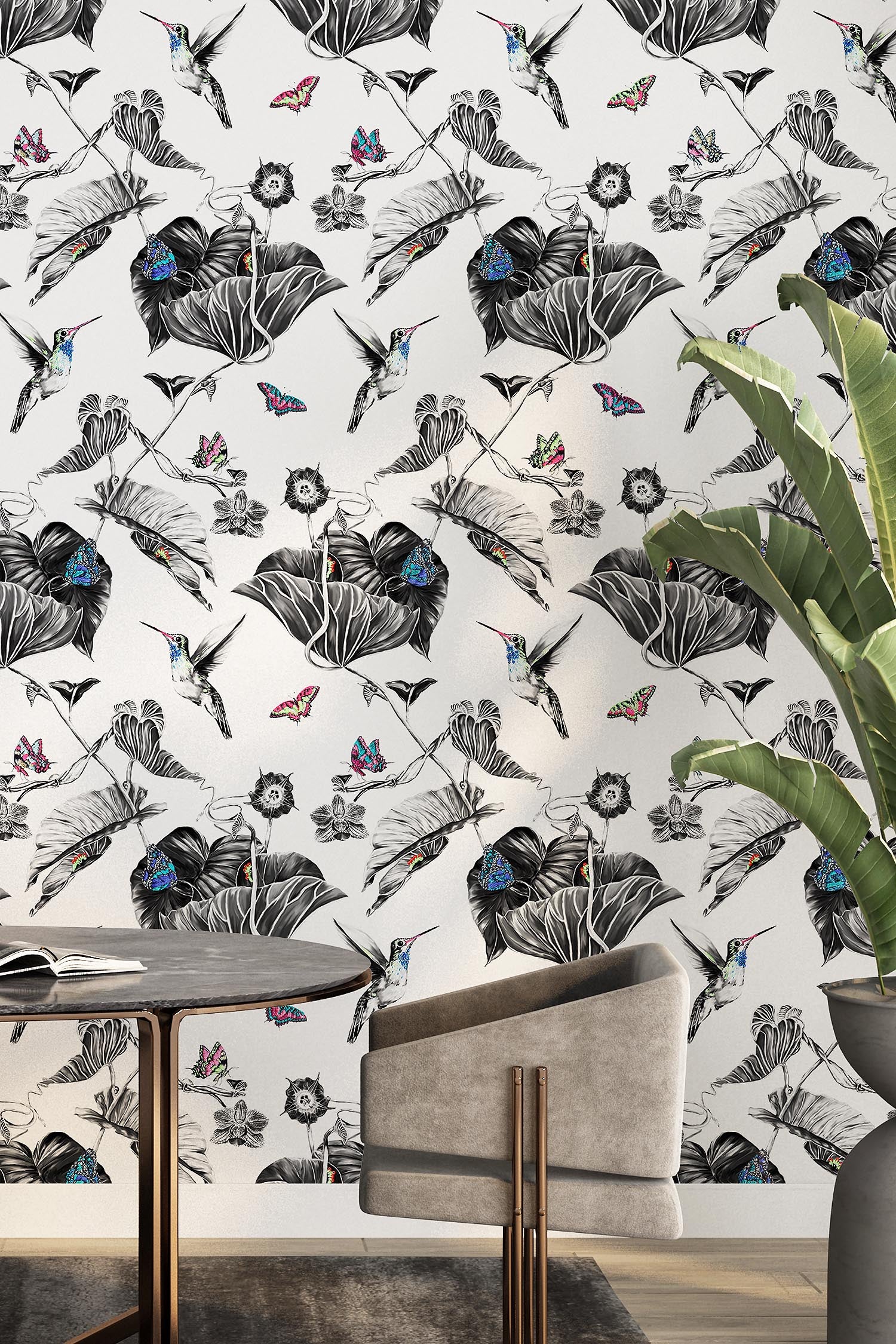 Hummingbird wallpaper on study wall.