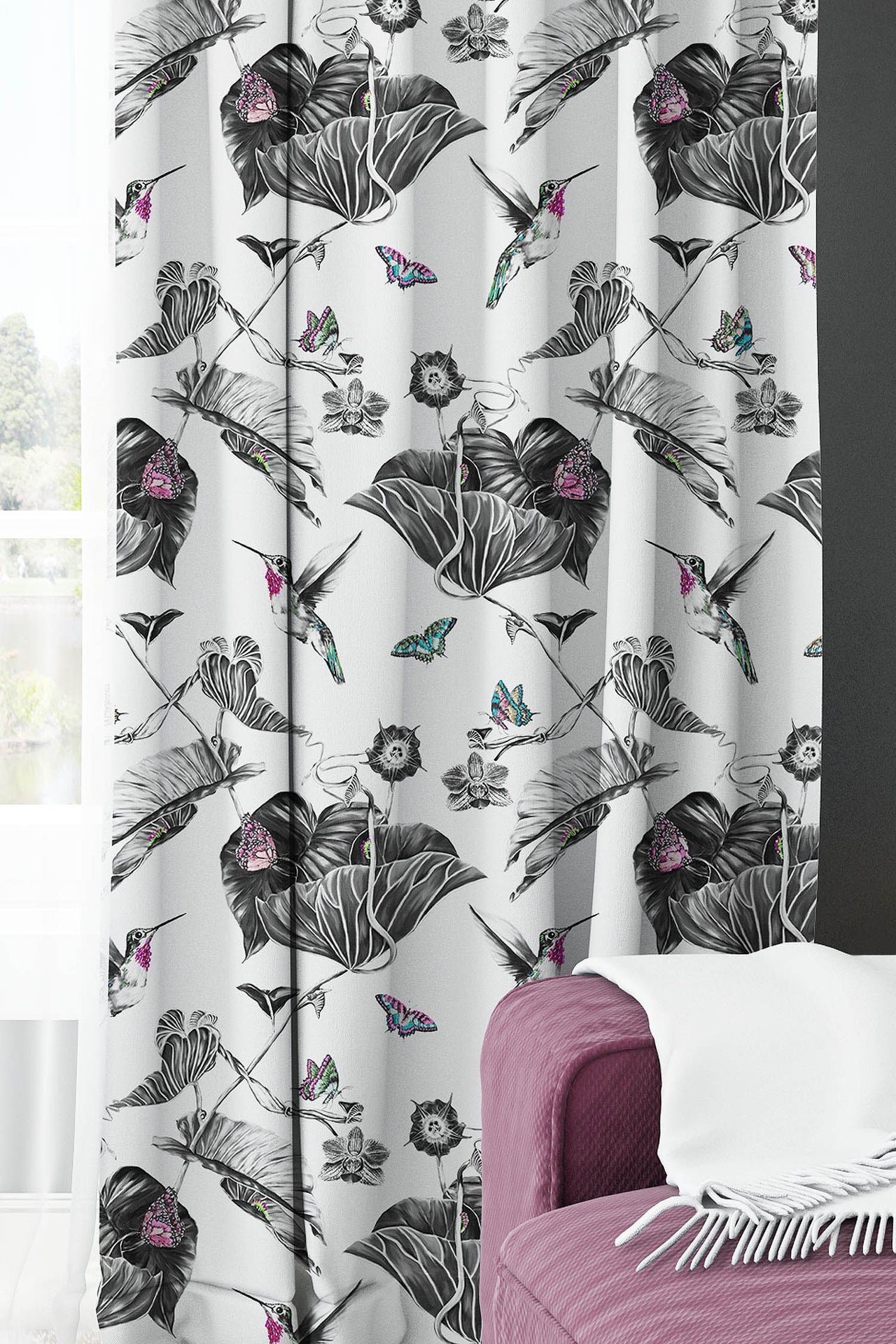 Pink hummingbirds hanging curtains.