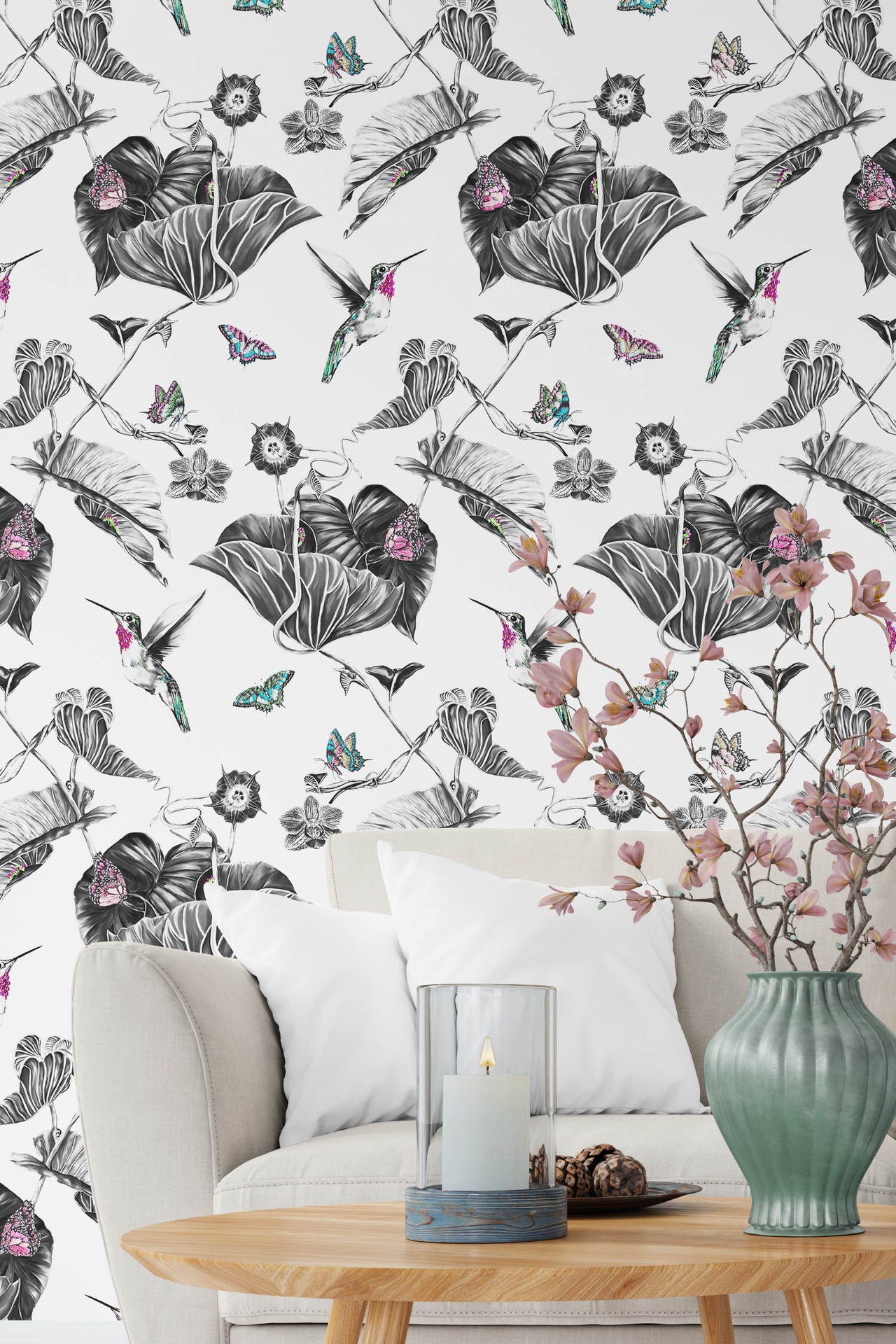 Pink hummingbird wallpaper in sitting room.