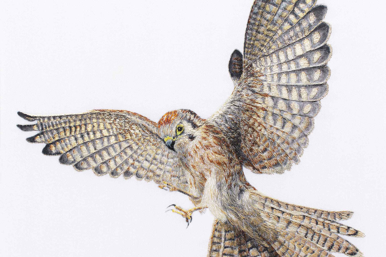 Kestrel hand embroidered artwork.