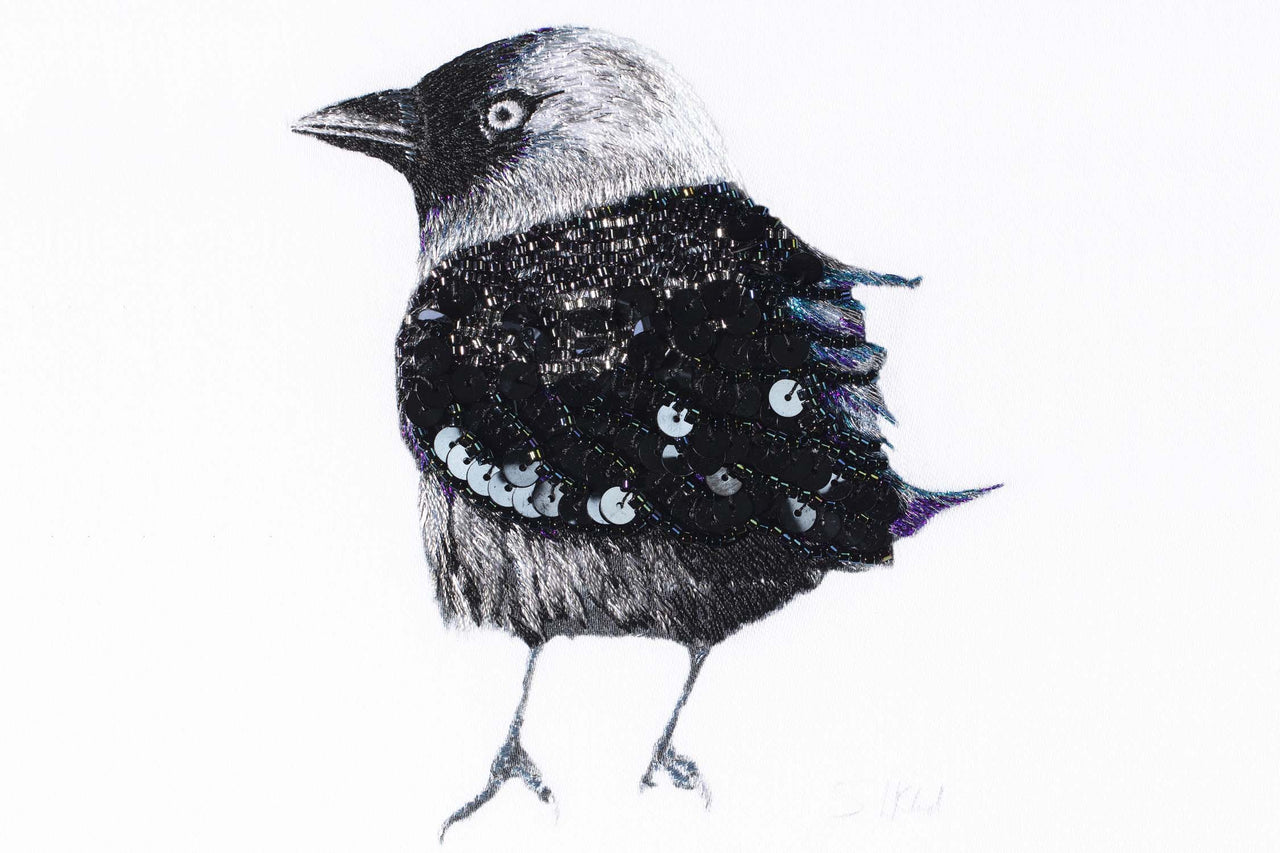 Quirky bird hand embroidered, beaded & sequinned artwork