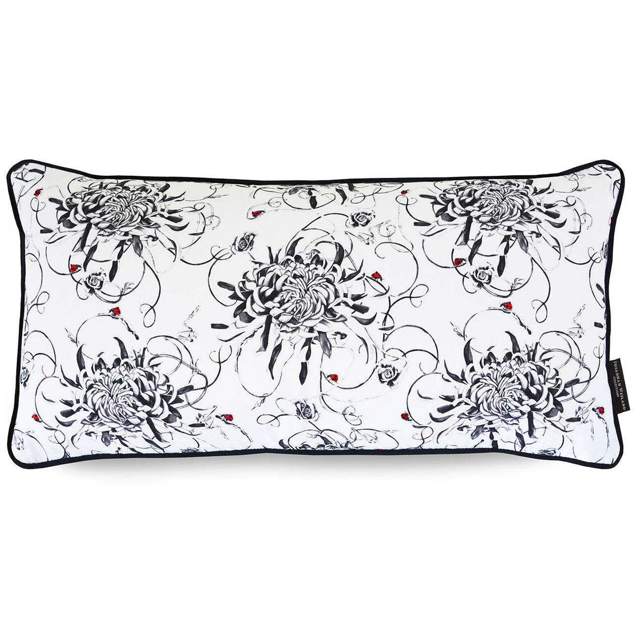 Monochrome floral bolster cushion with hand embroidered ladybirds