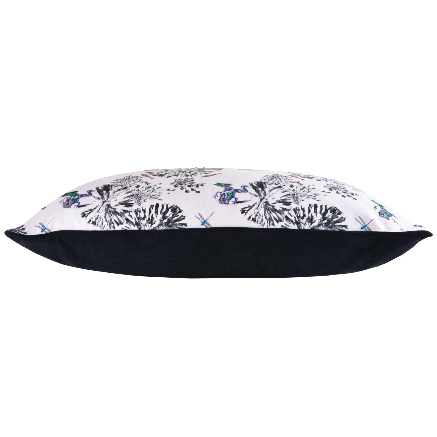 Botanical bolster cushion with hand embroidered frogs and fish side view