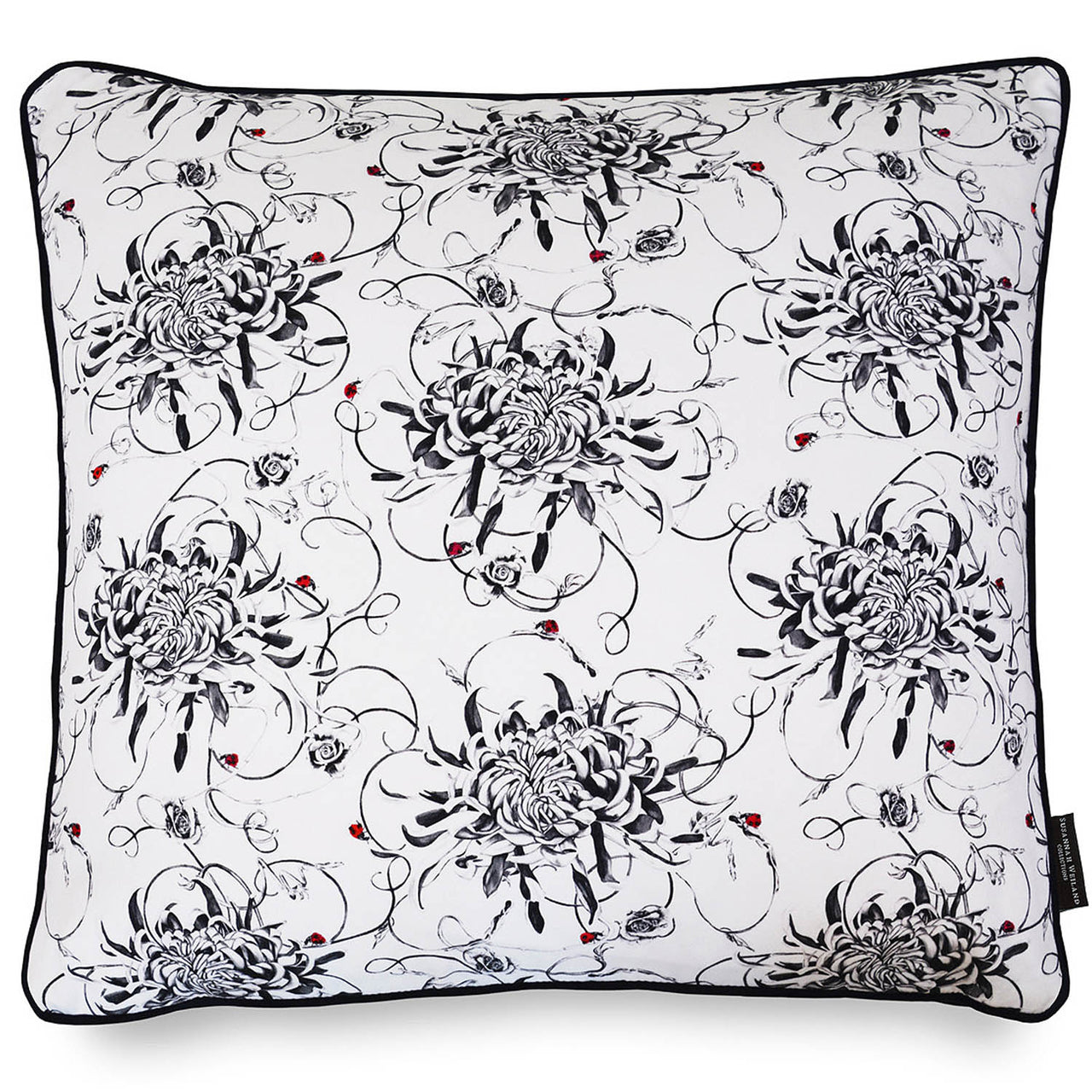 Monochrome floral large square cushion with hand embroidered ladybirds
