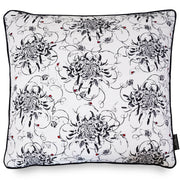 Monochrome floral large square cushion with hand embroidered ladybirds