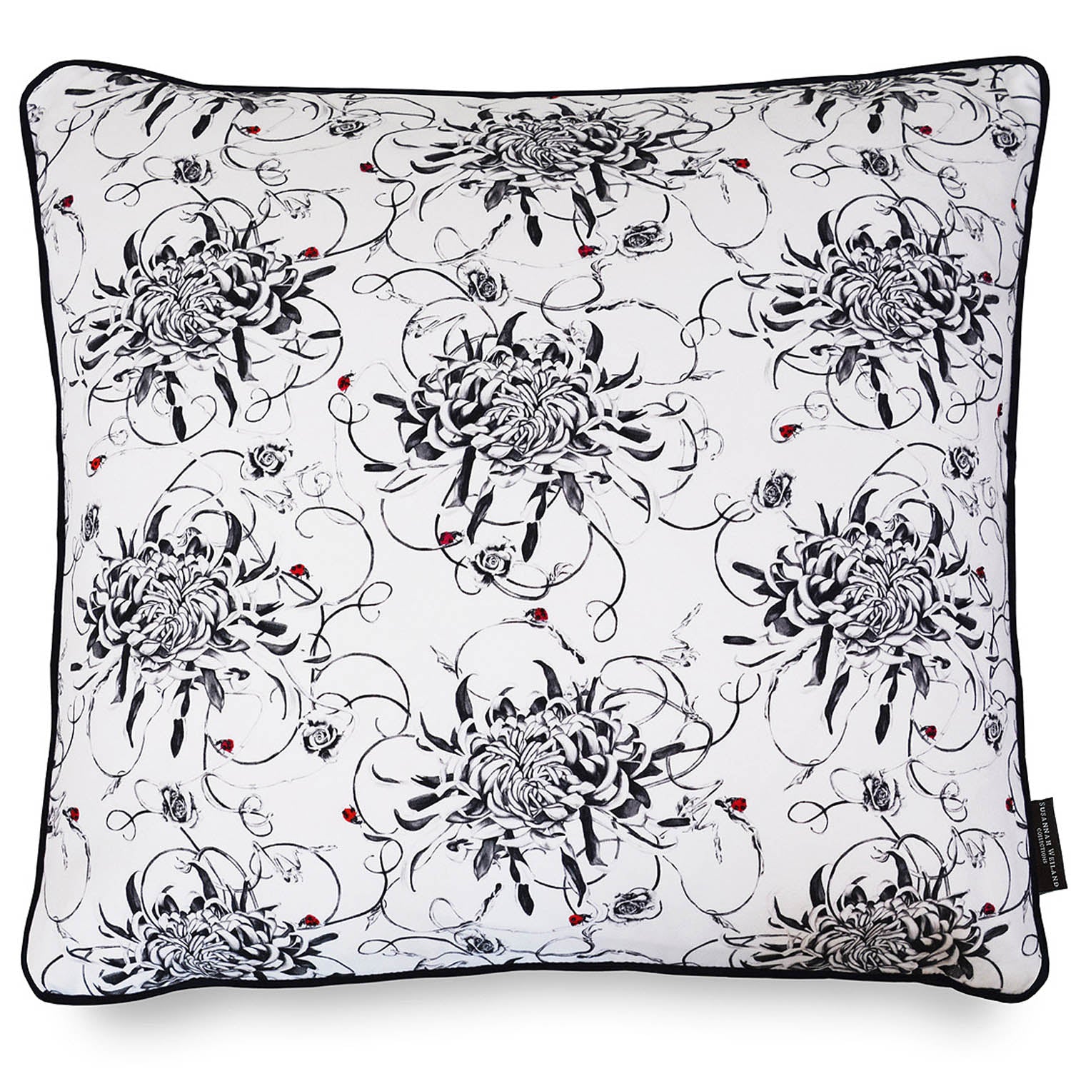 Monochrome floral large square cushion with hand embroidered ladybirds