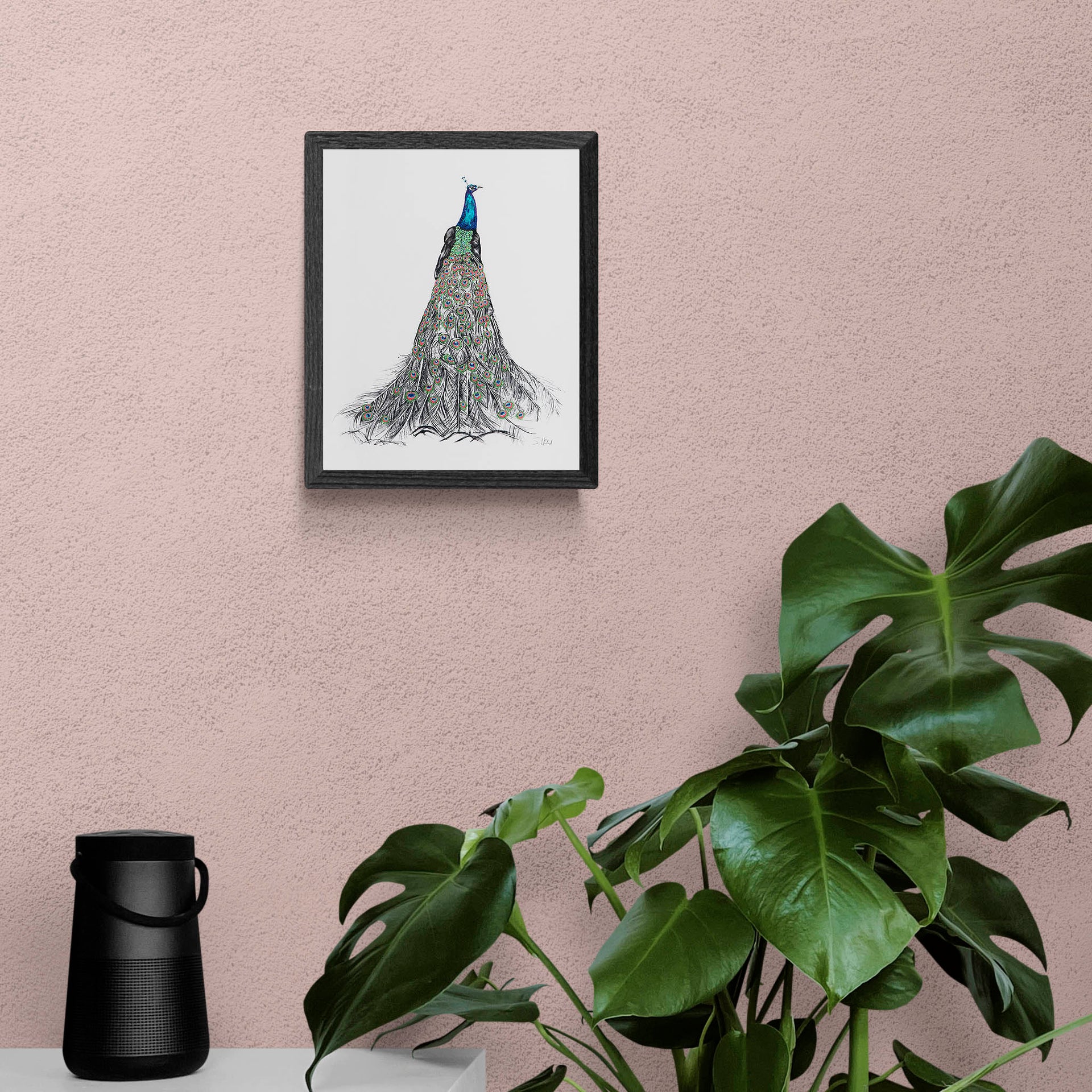 Peacock hand embroidered limited edition print in black frame
