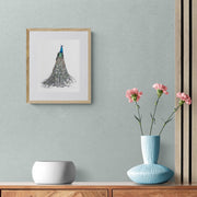 Peacock hand embroidered limited edition print in frame on the wall