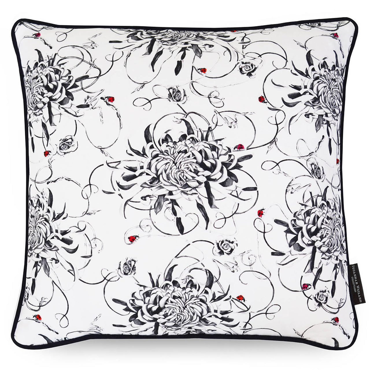 Monochrome floral medium square cushion with hand embroidered ladybirds