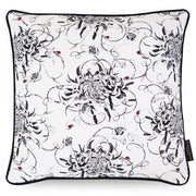 Monochrome floral medium square cushion with hand embroidered ladybirds