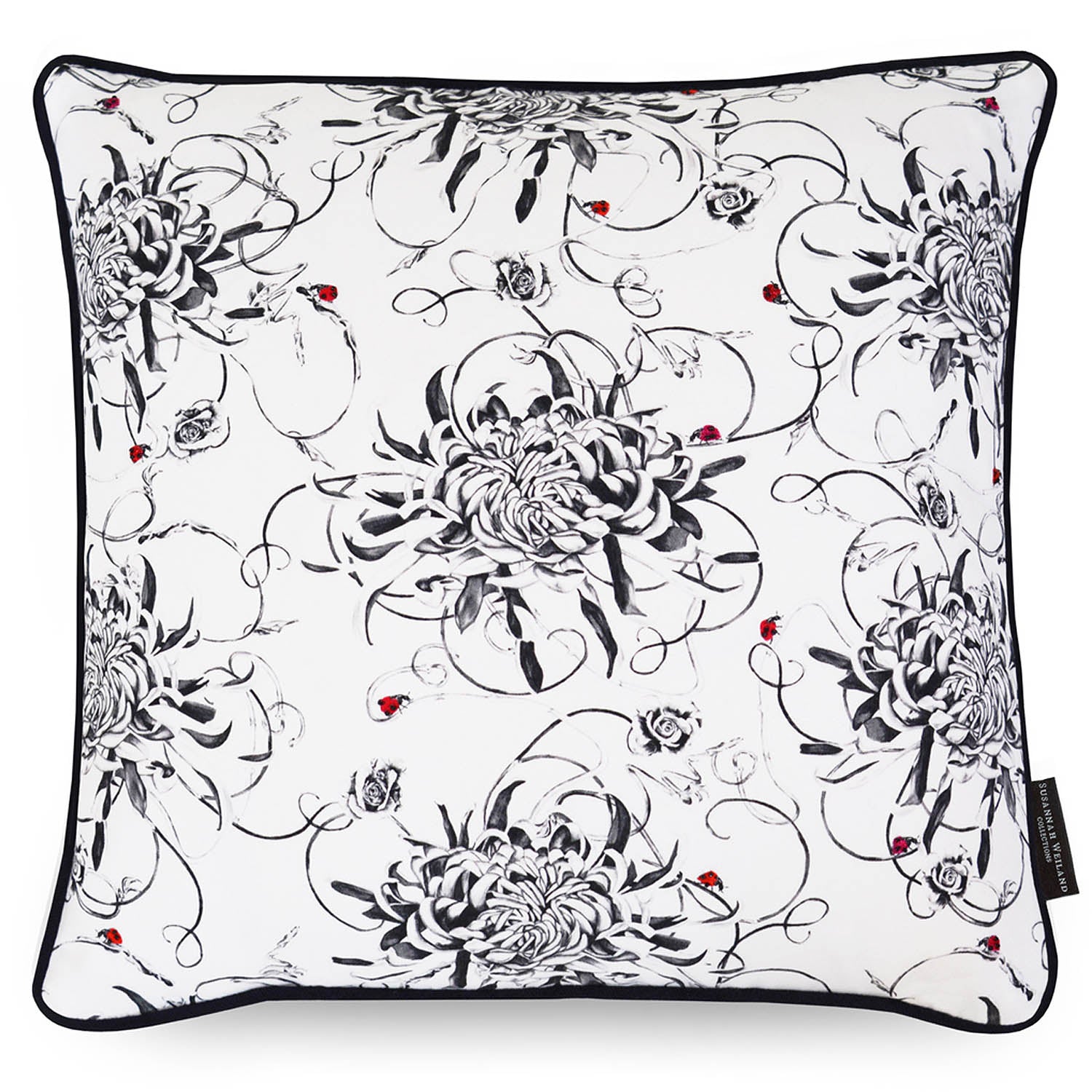 Monochrome floral medium square cushion with hand embroidered ladybirds