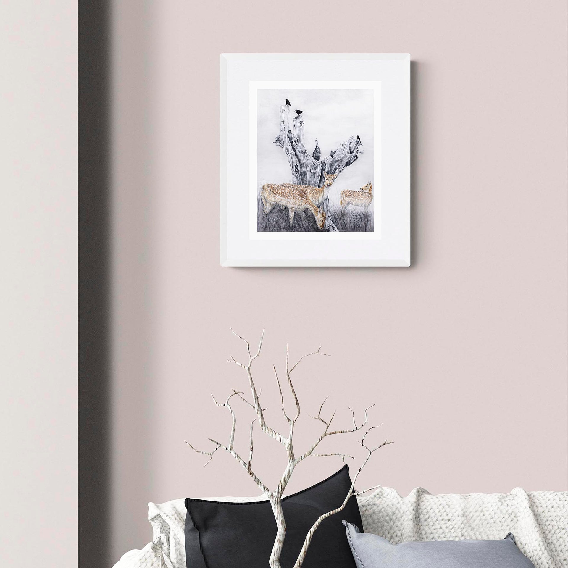 Deer hand embroidery print in white frame on the wall