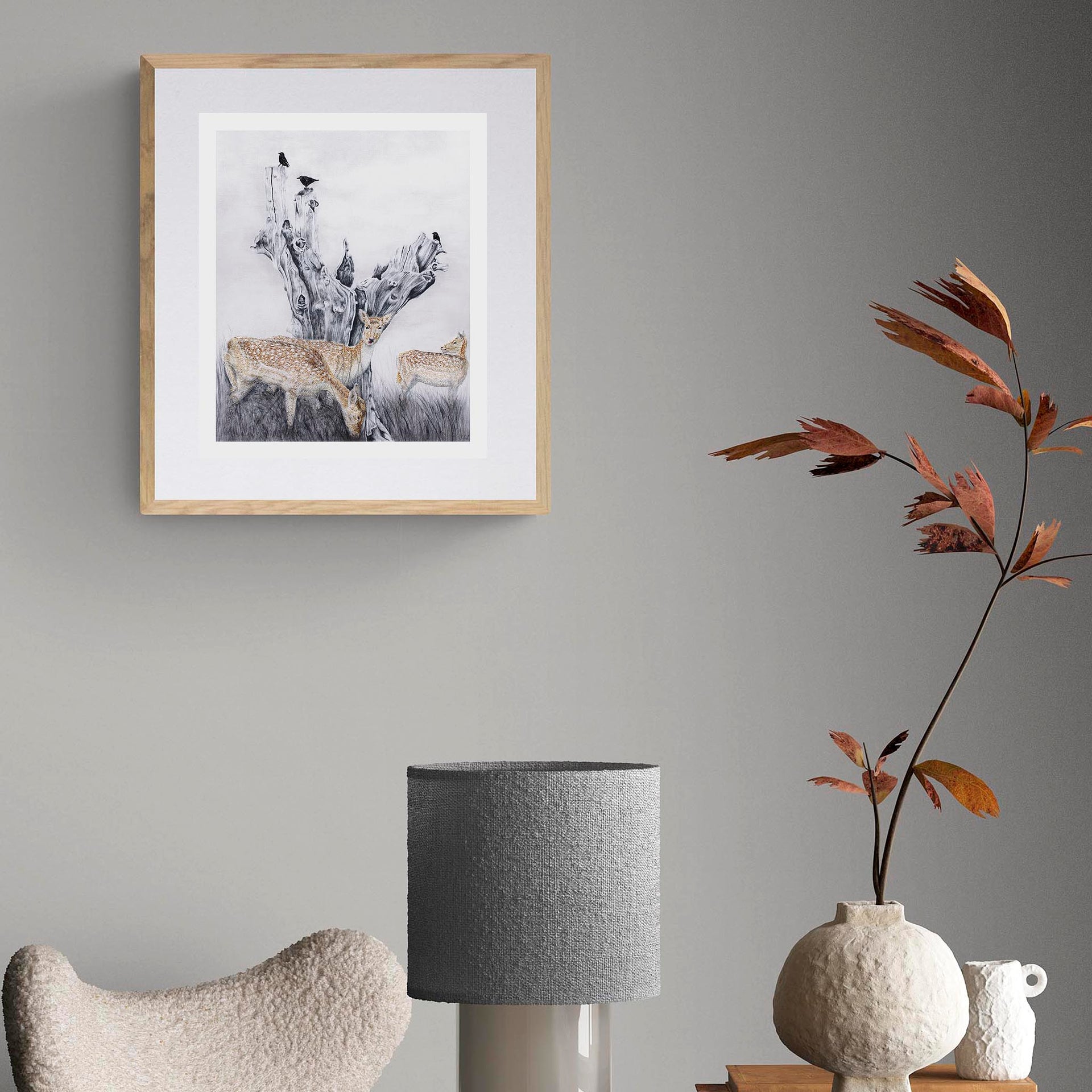 Deer hand embroidery print in frame on the wall