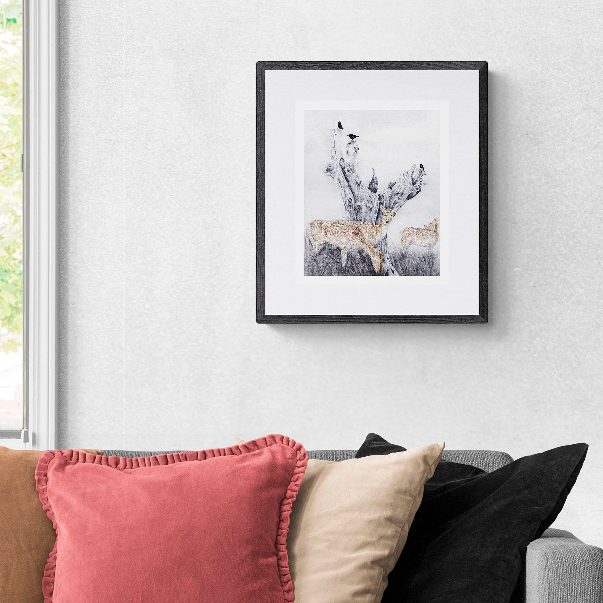 Deer hand embroidery print in black frame