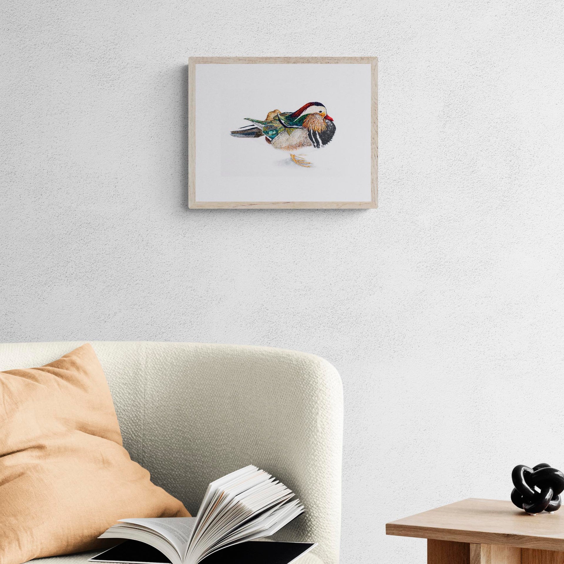 Mandarin duck hand embroidered limited edition print in frame on the wall