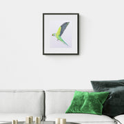 Flying parakeet hand embroidery limited edition print in black frame on the wall
